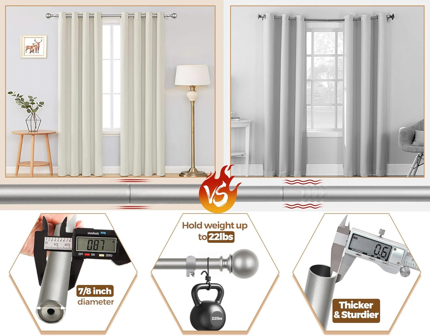 KAMANINA 2 Pack Curtain Rods for Windows 48 to 84 Inch (4-7ft), 7/8 Inch Single Heavy Duty Window Curtain Rod Adjustable Decorative Drapery Rods with Round End, Antique Silver