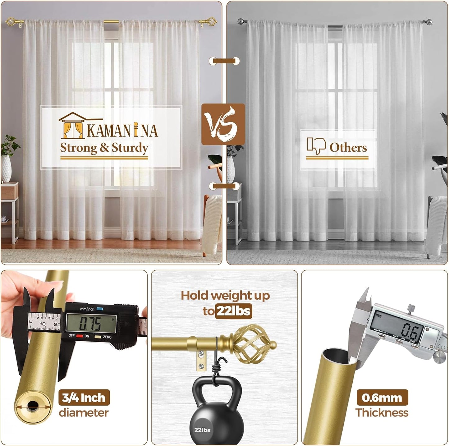 KAMANINA Curtain Rods for Windows 66 to 120 Inch, 3/4 Inch Gold Curtain Rod 32 to 115 Inches (2.6-9.6ft) Splicing Adjustable Single Drapery Rod with Twisted Cage End