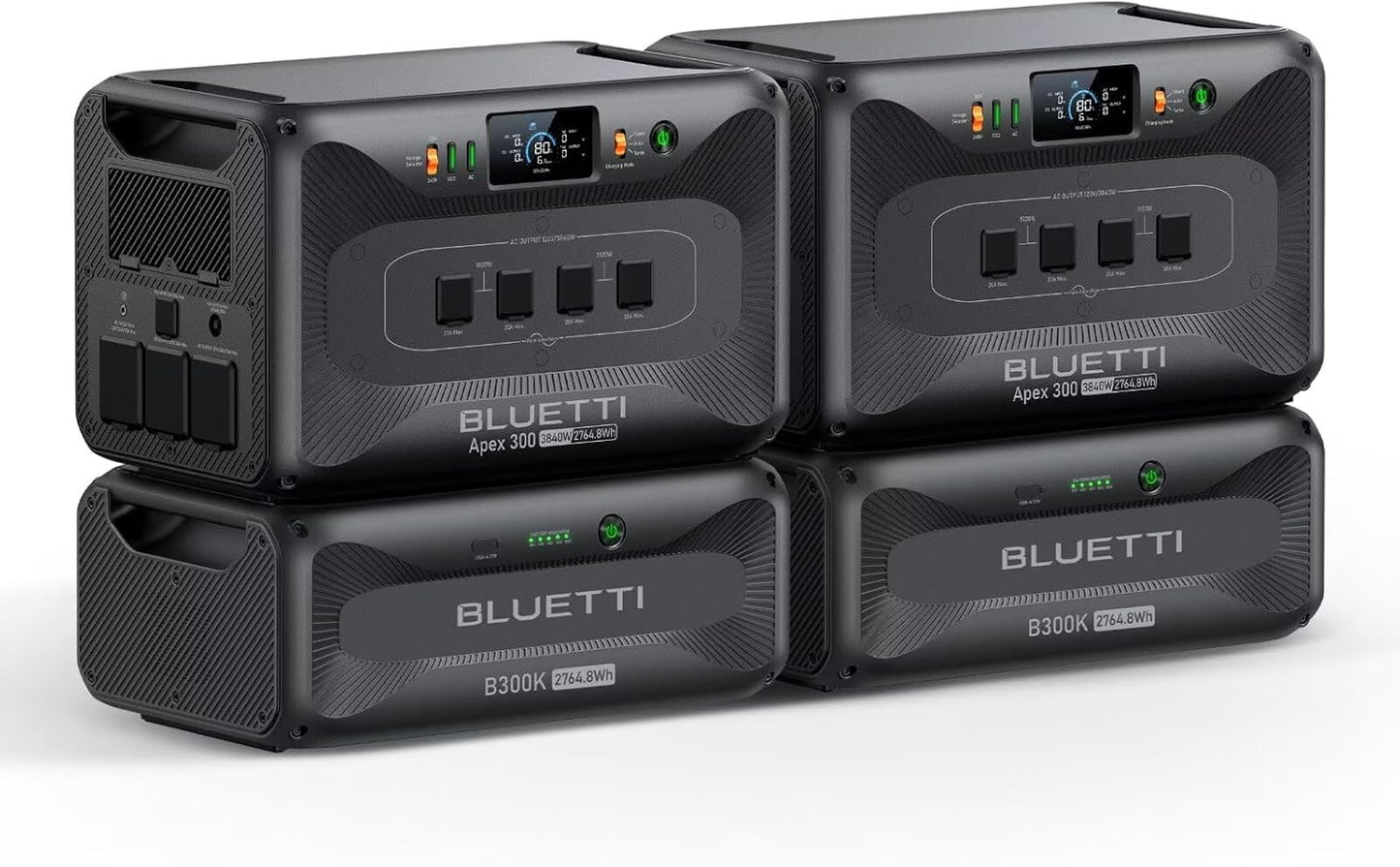 BLUETTI 2 Apex 300 Solar Generators & 2 B300K (2025 New), 11kWh LFP Battery Backup with 12 7680W AC Outlets, 120V/240V Dual Voltage Output, Ultimate Modular Power for Home and Emergency Backup