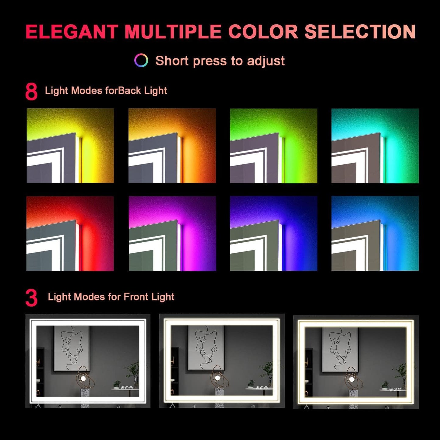 LED Mirror for Bathroom, 40"X30" with 8 RGB Backlit +3 Front Lit (Adjustable Individually), Anti-Fog, Lighted Bathroom Vanity Mirror for Wall, Shatterproof, Memory Function, Tempered Glass