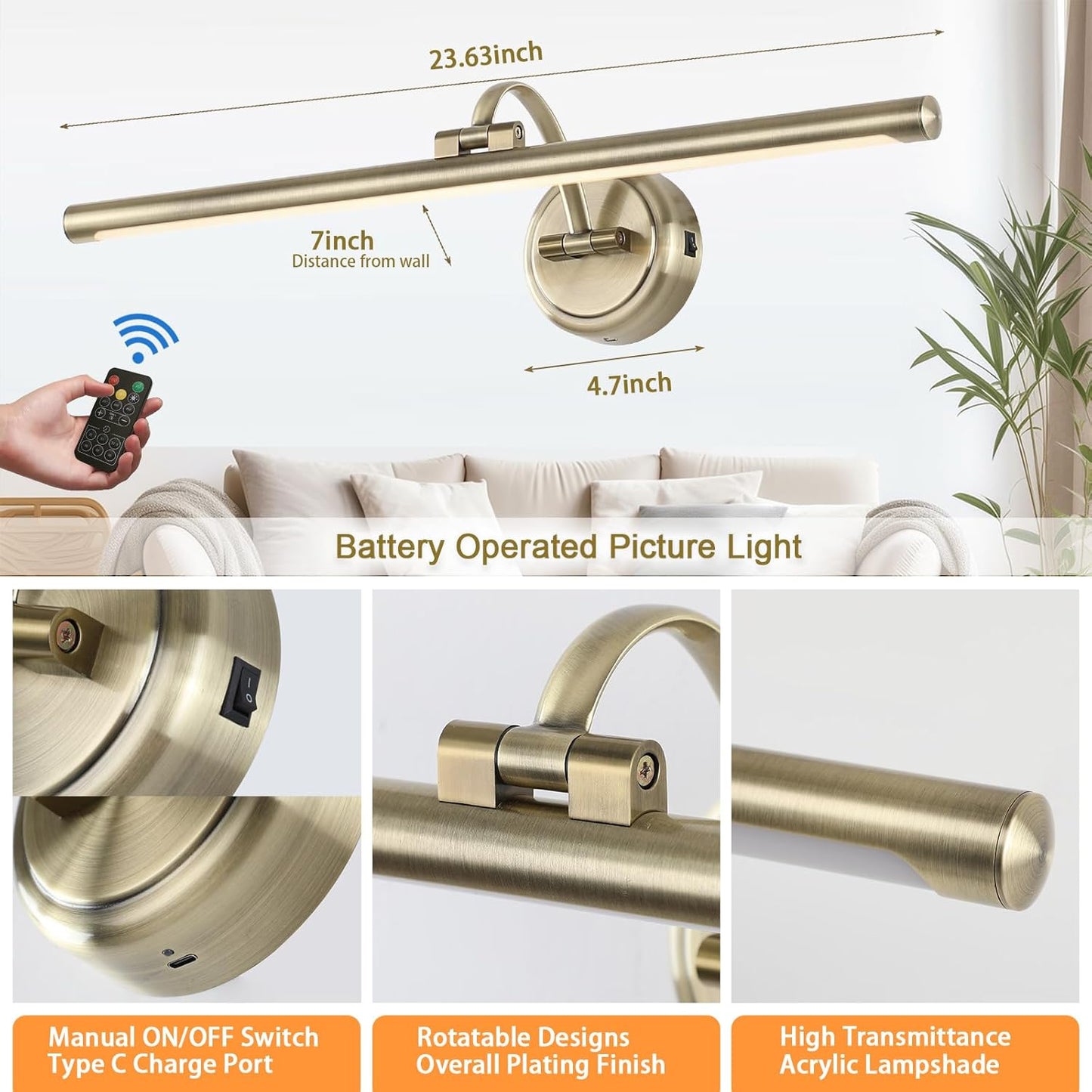 Battery Operated Picture Light, Cordless Art Light with Remote Control, Photo Frame Light with 5000mAh Battery, 3 Color Temperatures & Stepless Dimming for Gallery, Hallway(Antique Bronze, 23.6inch)