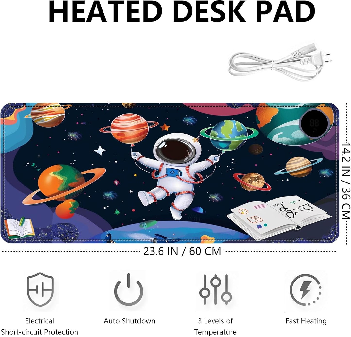 Heated Mouse Pad with 3 Levels Heated & 3 Hours Auto Shut-Off Mouse Pad for Warming Hands in Office Home, 23.6" x 14.2"Large Safe Desk Mat Hand Warmer，Cute Astronaut