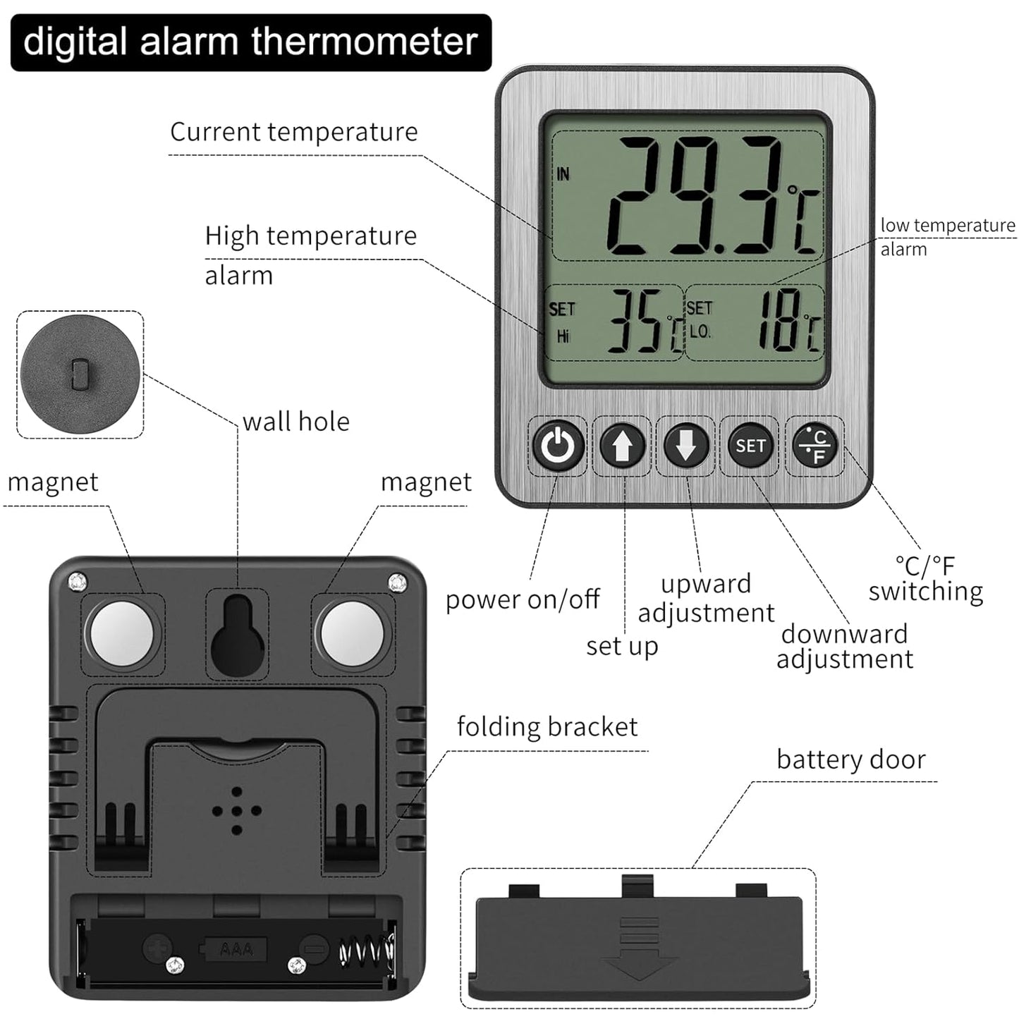 Refrigerator Thermometer Freezer Alarm Digital Freezer Thermometer Fridge Thermometer with Extra Sensor high and Low Temperature Alarm (1, Black, ZZ10)