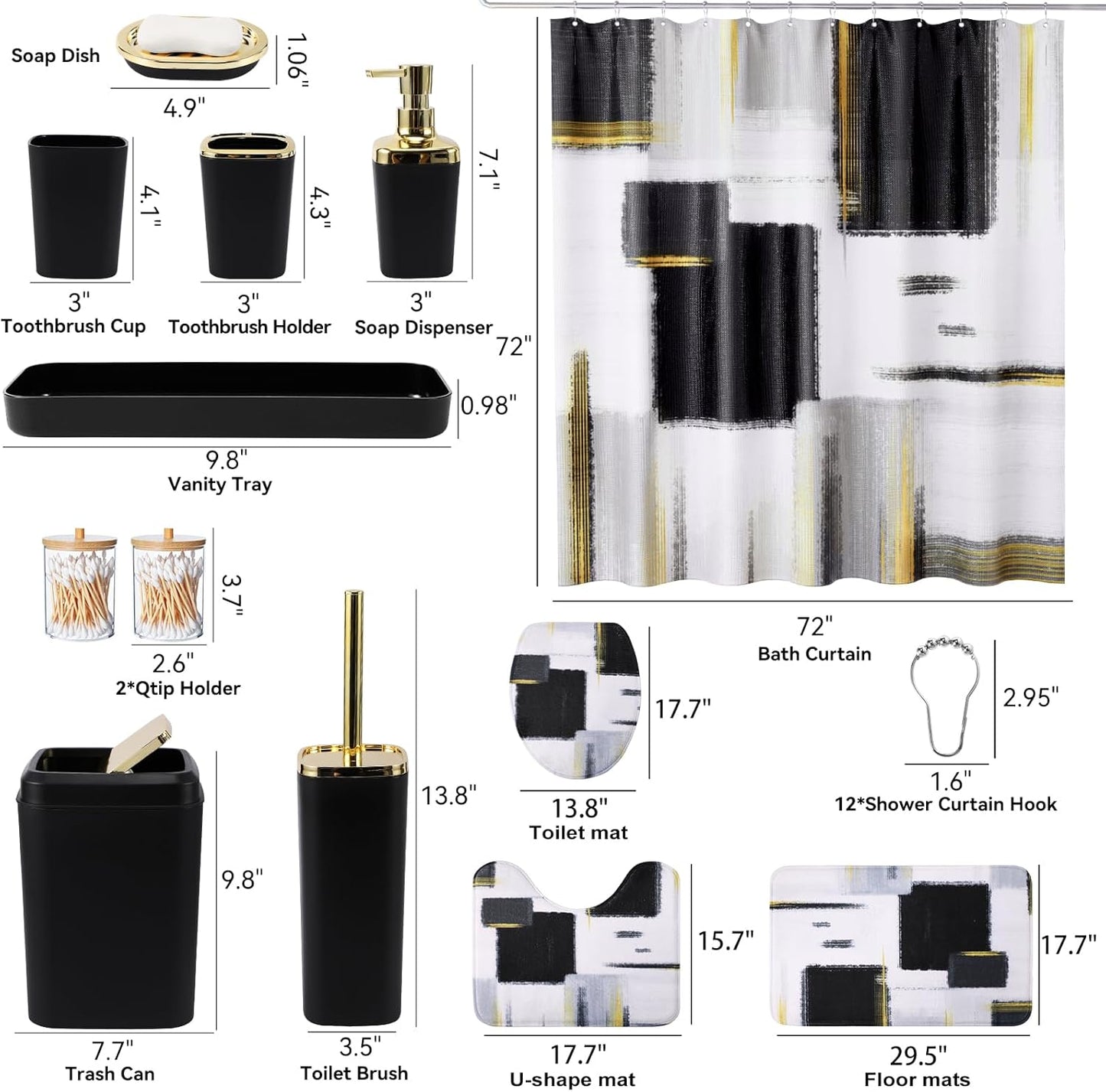 Bathroom Set - Black Bathroom Accessories Set, Bathroom Sets with Shower Curtain and Rugs, Black Shower Curtain Set with Bathroom Trash Can, Soap Dispenser, Soap Dish for Home Decor