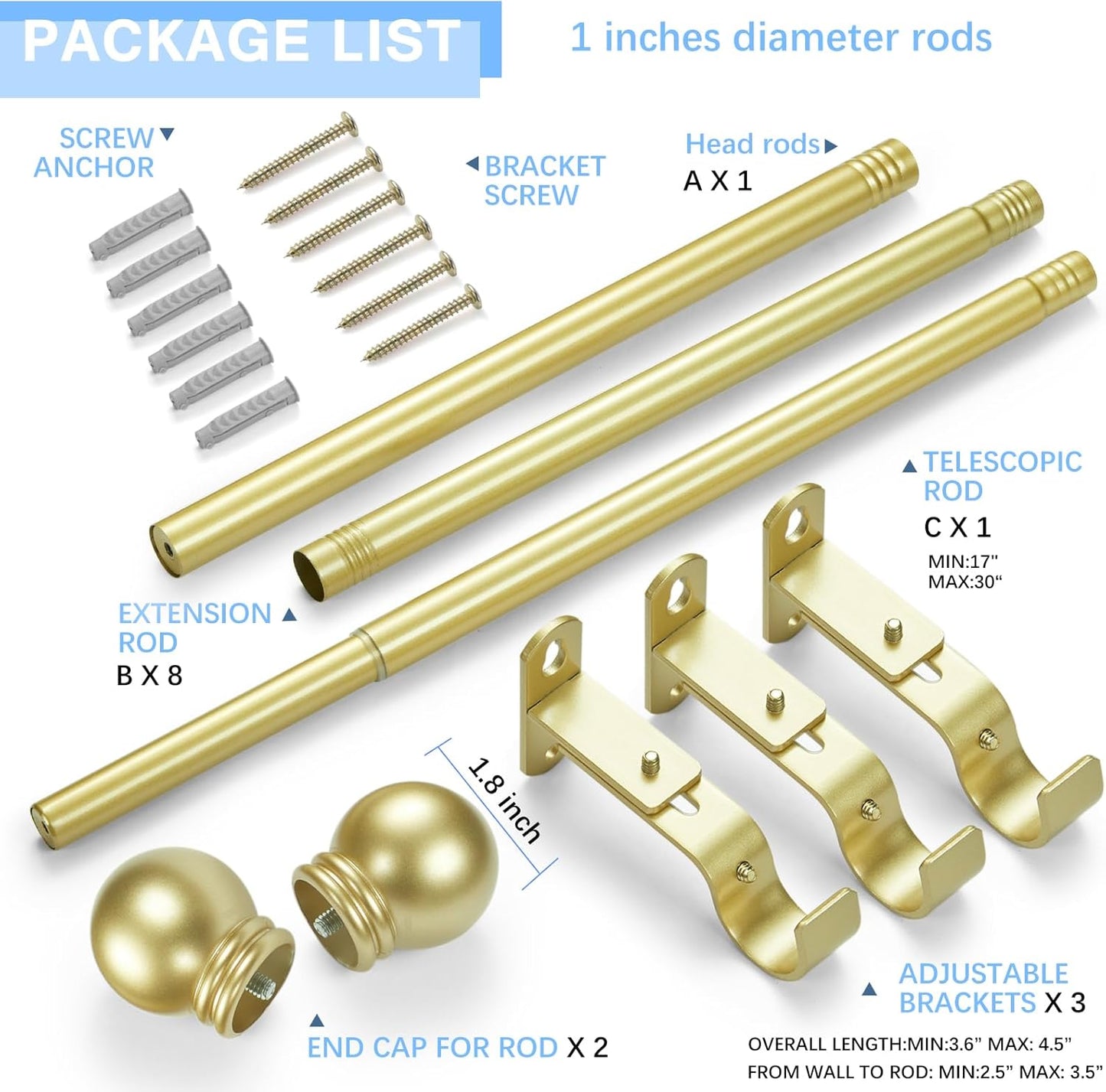 Curtain Rods for Windows 16 to 150 Inches, Curtain Rod Max Adjustable Length of 160 IN, 1" Diameter Drapery Rods Round Finials, Warm Gold, Pack of 1