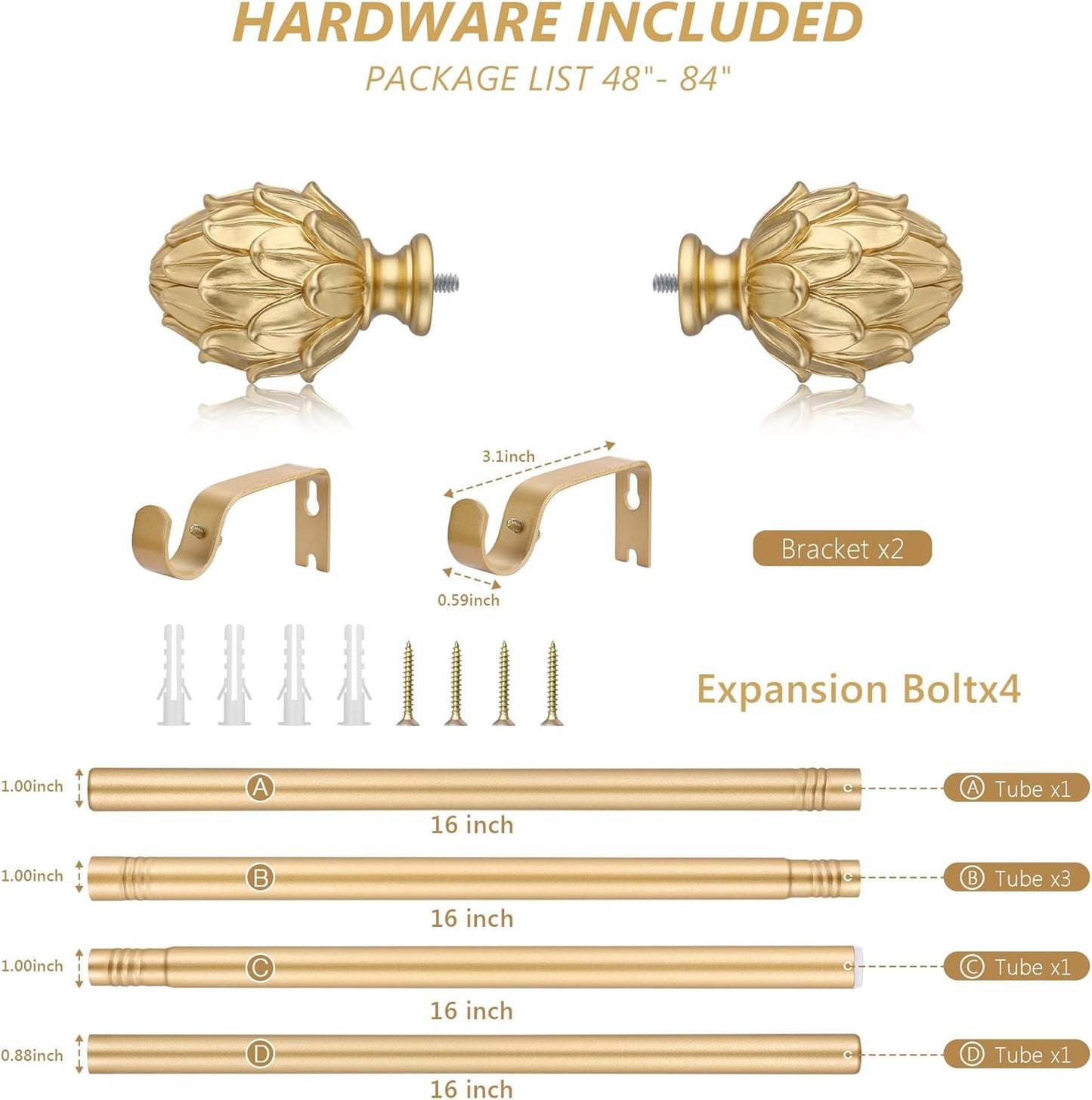 Curtain Rods for Windows 48 to 84 Inches 1 Inch Diameter Adjustable Drapery Rod Decorative Single Window Curtain Rods with Classic Finials,Gold