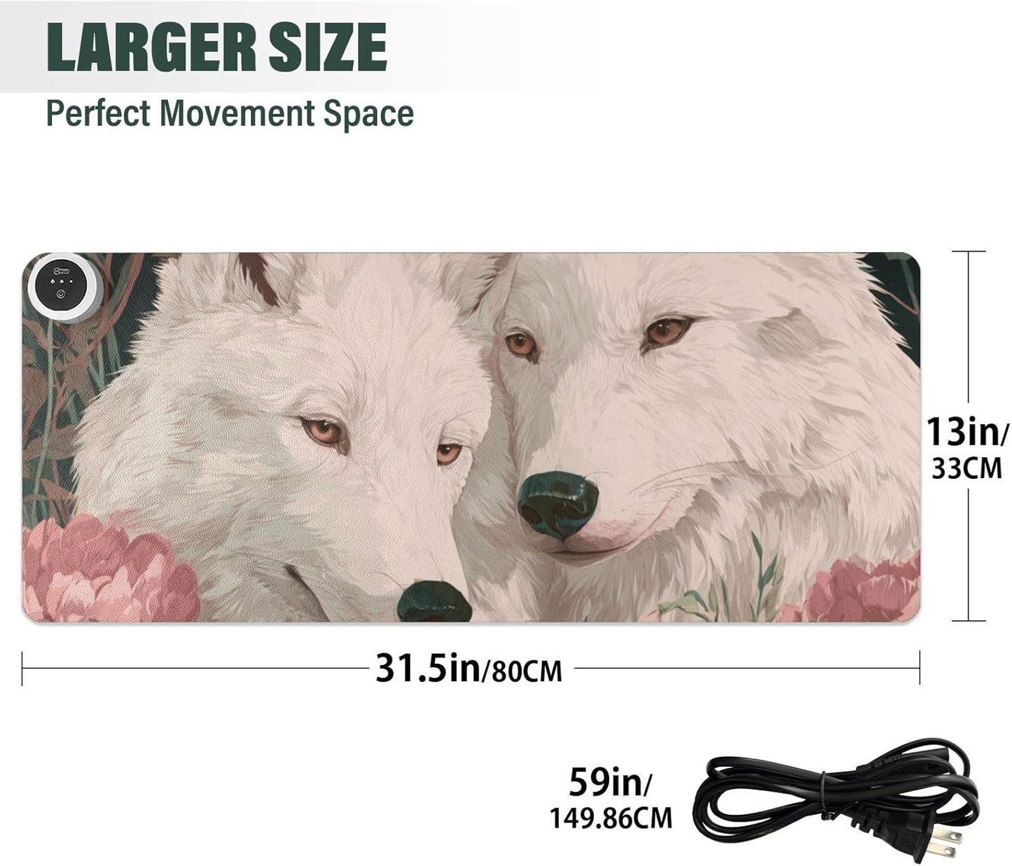 Heated Desk Pad Mouse Pad 31.5x13 Inch PU Leather Desk Mat with 3 Heat Levels Large Mouse Gaming Computer Laptop Mat White Wolves Peony Flowers