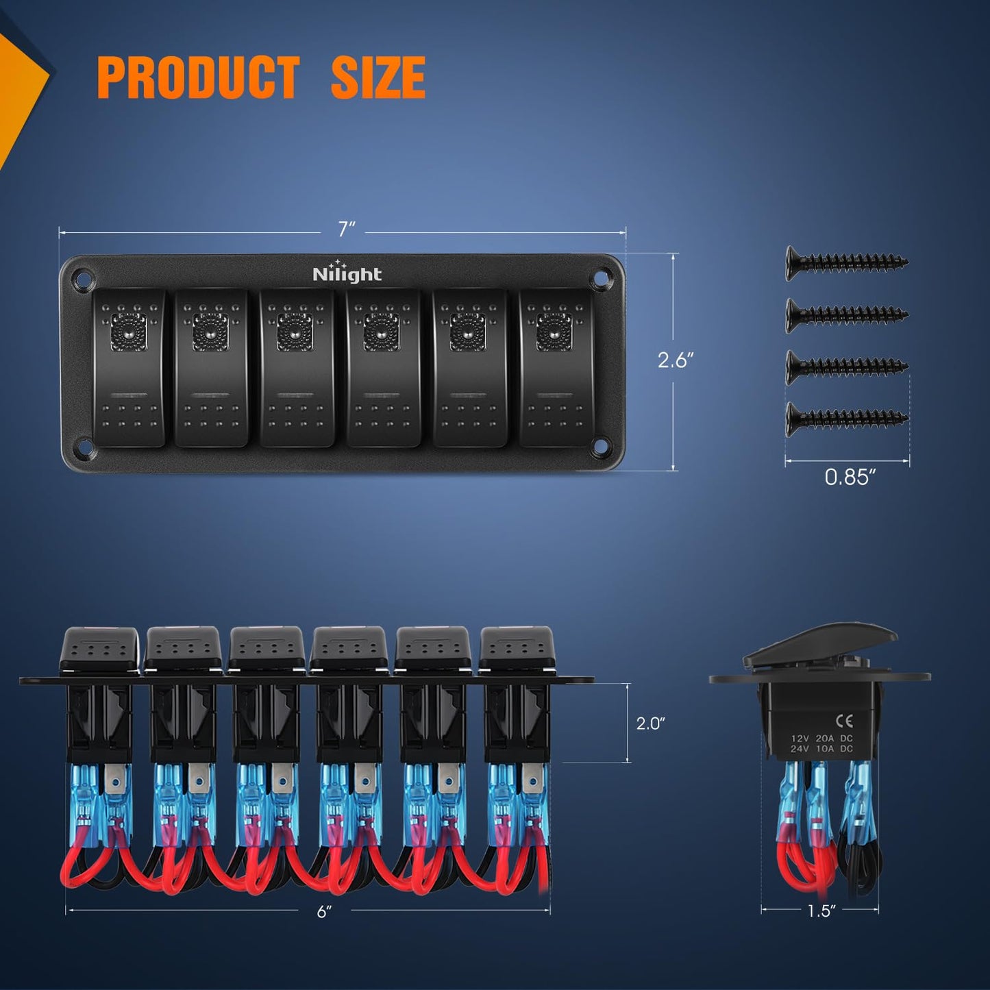 Nilight 6 Gang Rocker Switch Panel with Purple LED Light 5 Pin On Off Pre-Wired Aluminum Toggle Switches Waterproof for 12V/24V Cars Marine Boats ATVs Trailers RV Trucks
