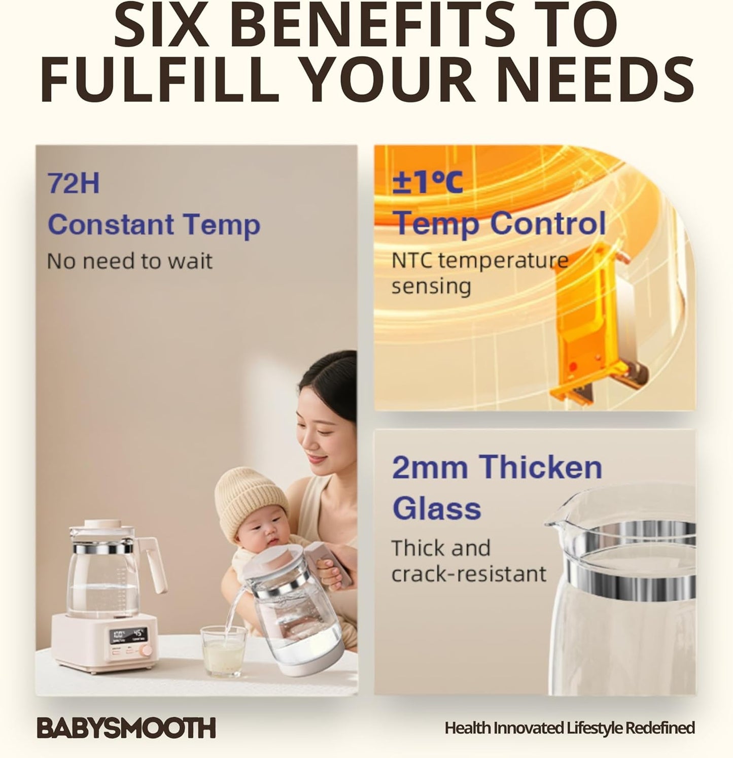 Babysmooth Smart Kettle Pro Electric Glass Kettle, 1.3L Capacity, Digital LED Display, Temperature Control 40-100°C, Auto Keep Warm Function, Silent Operation, Beige, for Tea and Coffee Brewing