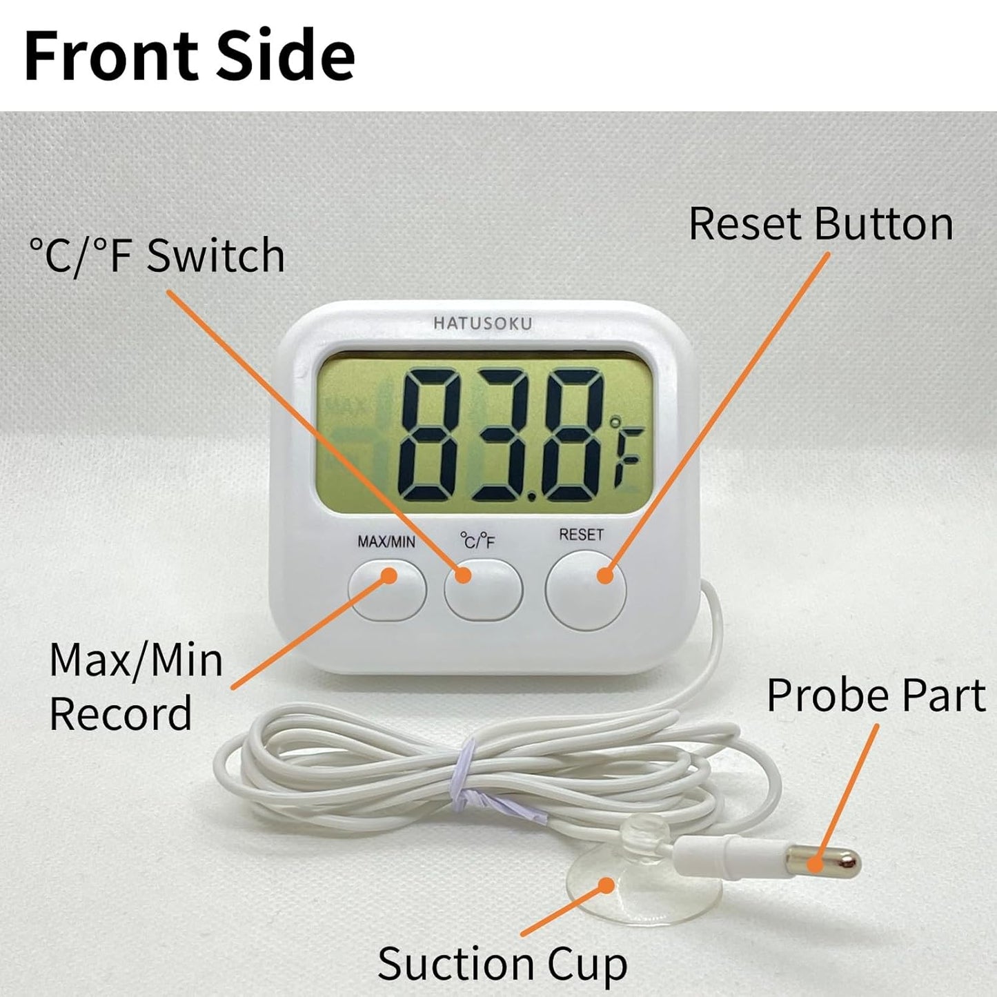 Digital Thermometer with External Sensor, Magnet, Suction Cup, Water Thermometer, Aquarium, Refrigerator, Freezer (White)