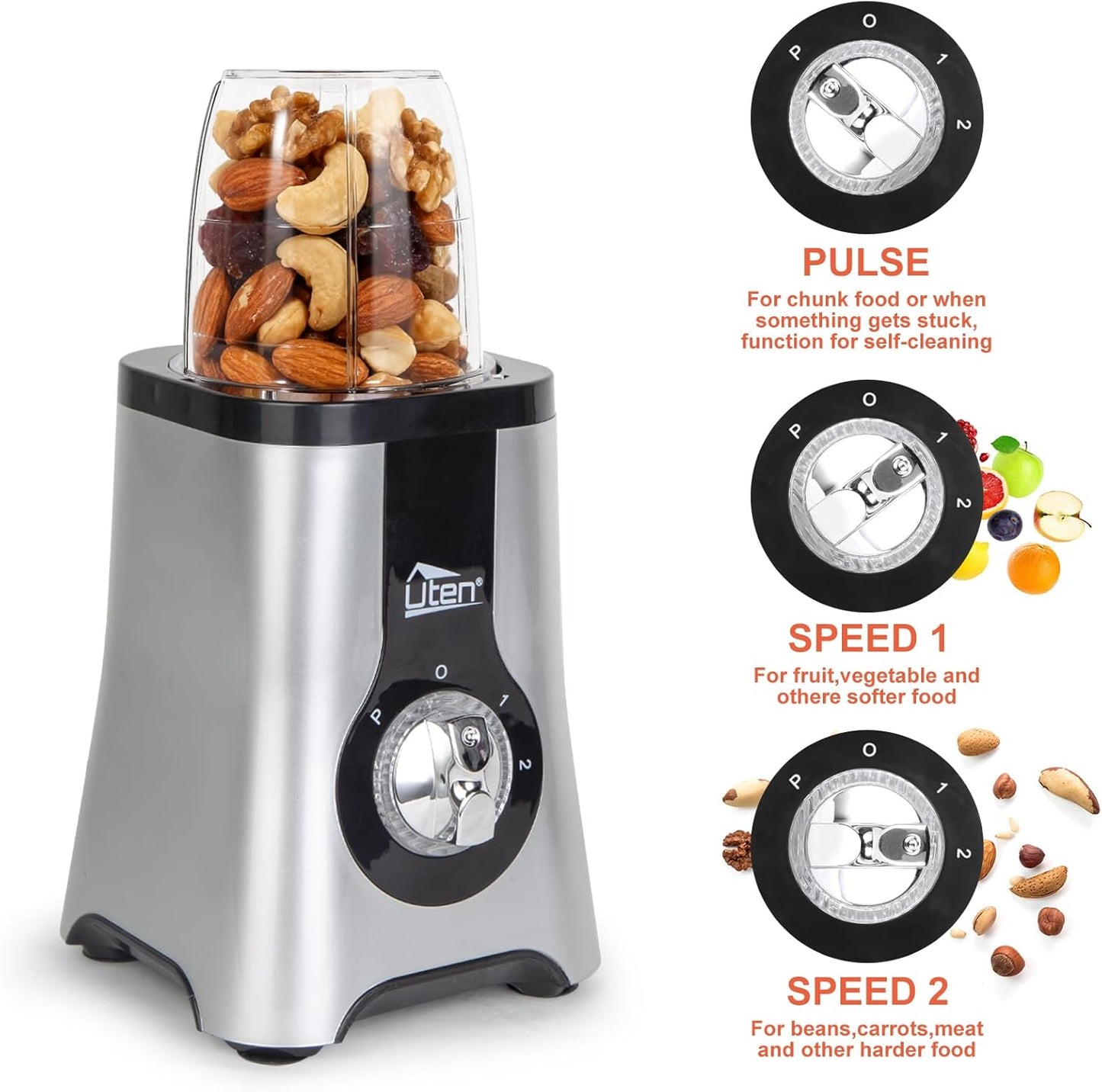 Uten 5-in-1 Smoothie Blender 42 oz/1.25L, Multi-Functional Mixer, Smoothie Maker, Juicer, Grinder with 304 Stainless Steel Blades, BPA-Free, Dishwasher Safe, Includes 3 Blender Cups & 2 Travel Bottles