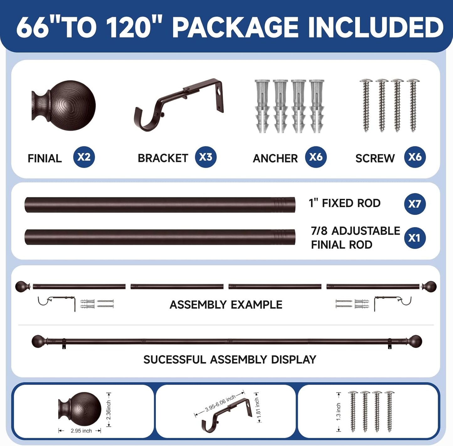 BRIOFOX Bronze Curtain Rods for Windows 66 to 120 Inch(5.5-10ft) - 1'' Diameter Heavy Duty Curtain Rods with Imitation Wood Grain Pattern Finials,Adjustable Decorative Curtain Rods Set,28-120''