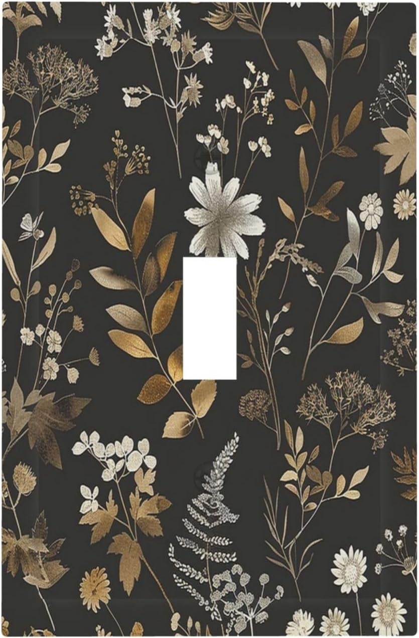 Decorative Light Switch Cover Black Gold Floral Dark Leaves Vintage Flowers 1 Gang Single Toggle Device Electrical Faceplate Switchplates Decorator Outlet Wall Plate for Bed Room Home