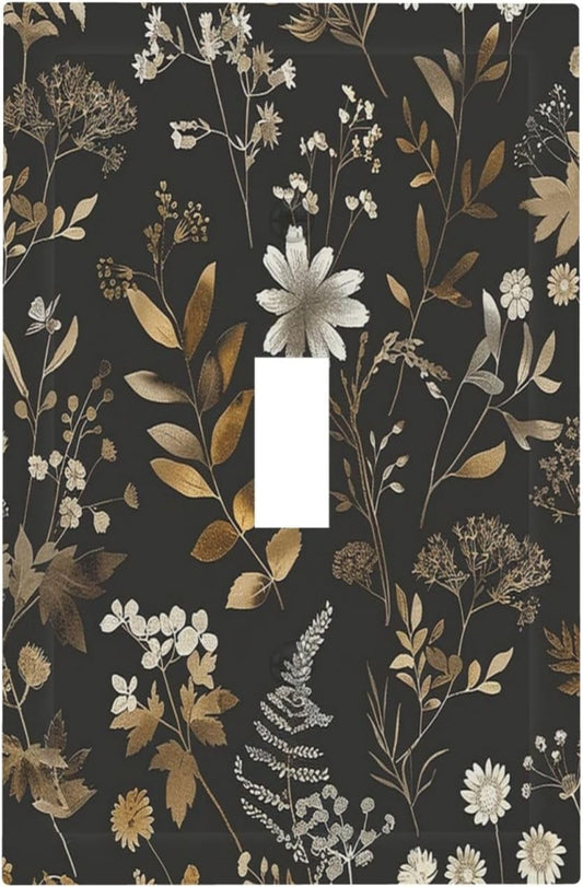 Decorative Light Switch Cover Black Gold Floral Dark Leaves Vintage Flowers 1 Gang Single Toggle Device Electrical Faceplate Switchplates Decorator Outlet Wall Plate for Bed Room Home