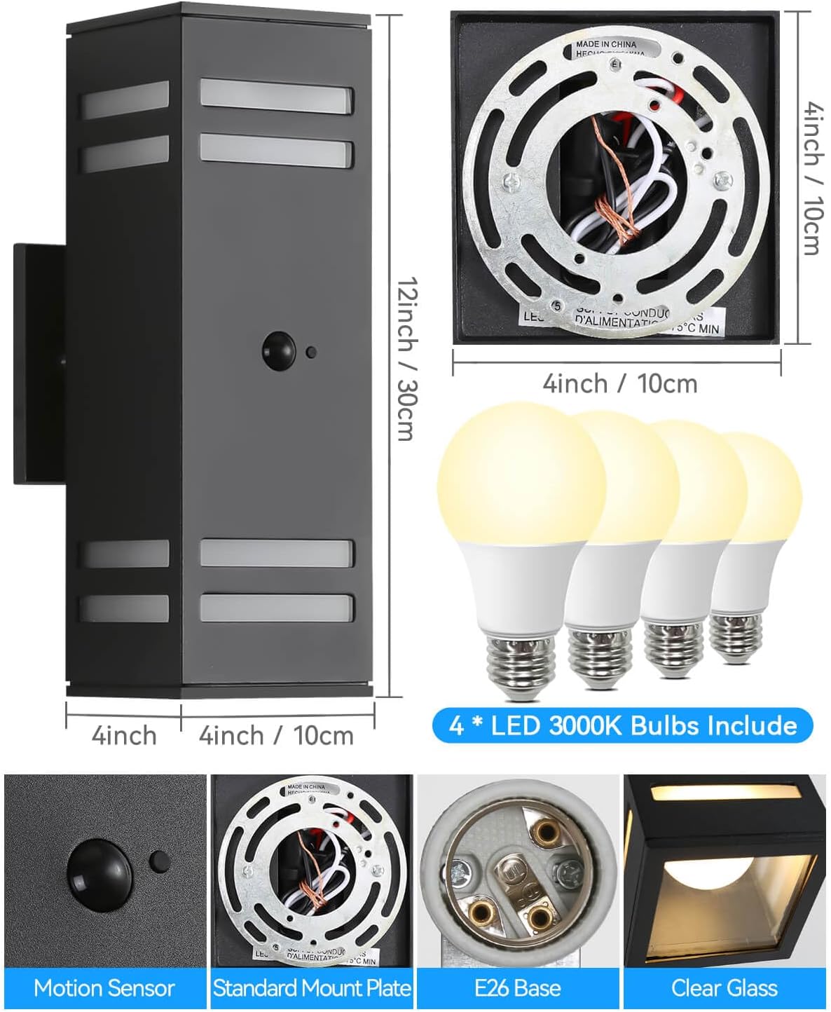 Motion Sensor Outdoor Lights 2 Pack, Modern Outdoor Wall Lights Black Exterior Lighting Fixtures, Square Motion Detector Lights for Outside, Waterproof Sconce for House Porch, Bulbs Included
