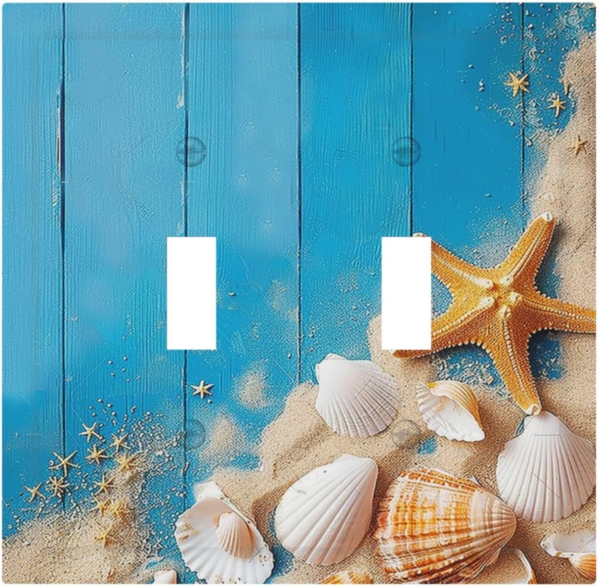 Decorative Switch Plates Blue Wood Grain Beach Shell Starfish 2 Gang Double Toggle Outlet Light Switch Cover Wall Plate Electrical Faceplate for Bathroom Farmhouse Decor