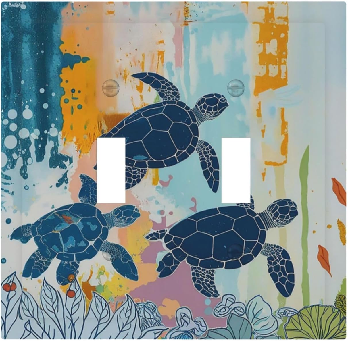 Decorative Switch Plates Colorful Ocean Sea Turtle Marine Life 2 Gang Double Toggle Outlet Light Switch Cover Wall Plate Electrical Faceplate for Kids room Bedroom Decor