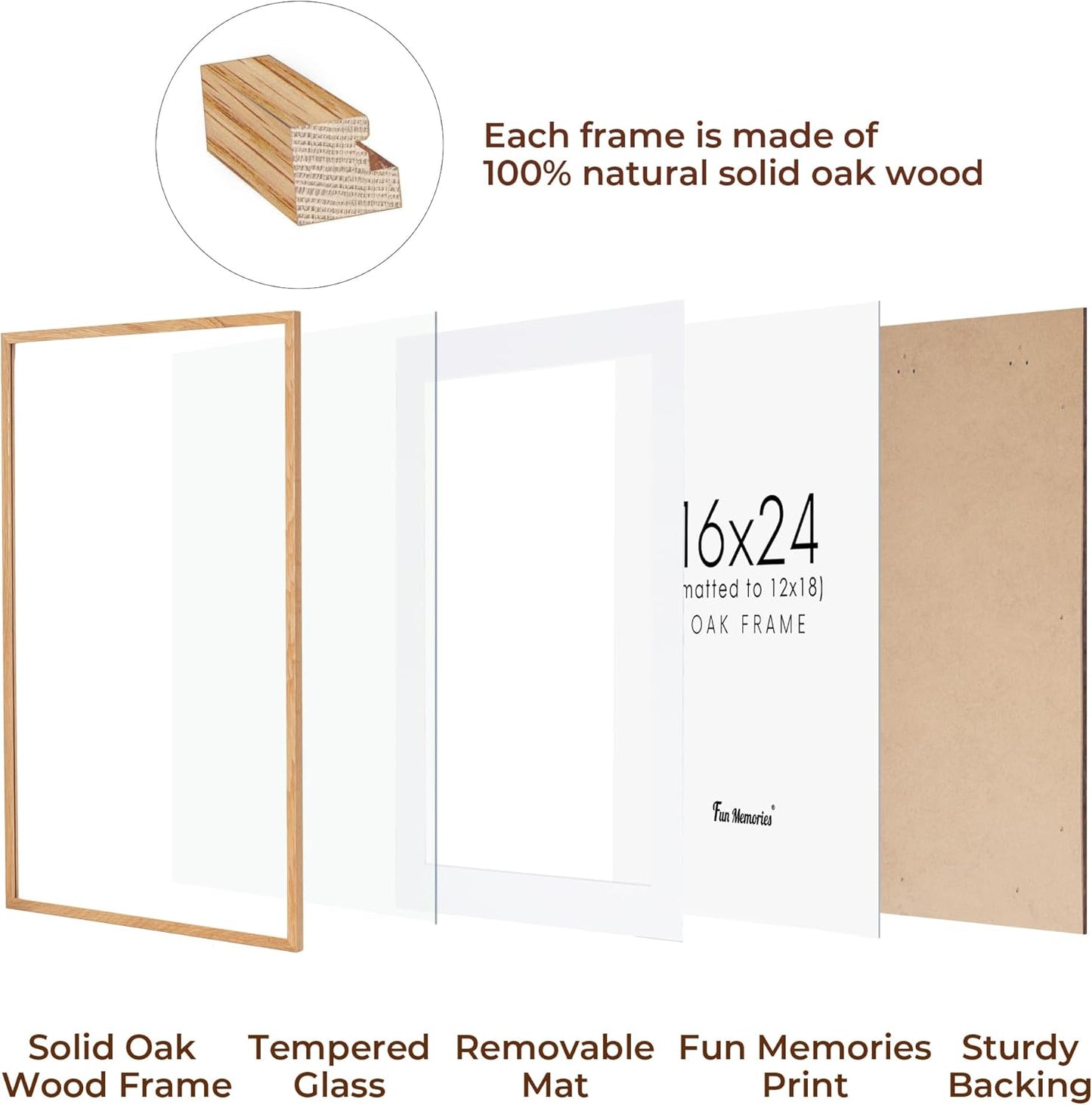 Fun Memories 16x24 Picture Frame for Wall, Solid Oak Wood With Real Glass, Matted to 12x18, Poster Frame (Beige Oak Color, 2 Pack)