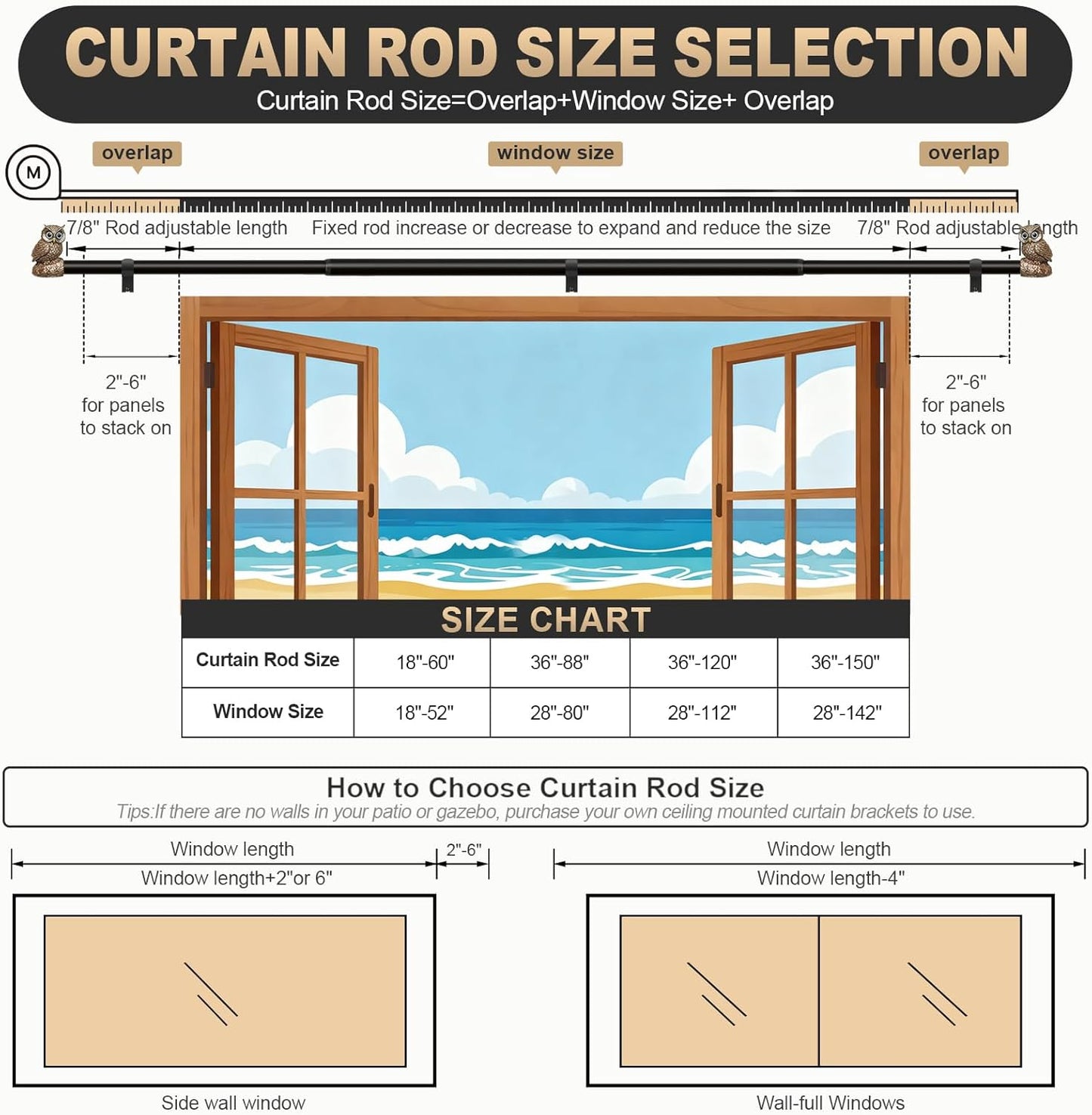 Vintage Decorative Black Curtain Rods for Windows 66 to 120 Inch Adjustable Heavy Duty 1'' Diameter Curtain Rod with Owl Finials for Bedroom Living Room Kitchen Farmhouse (36-120'')