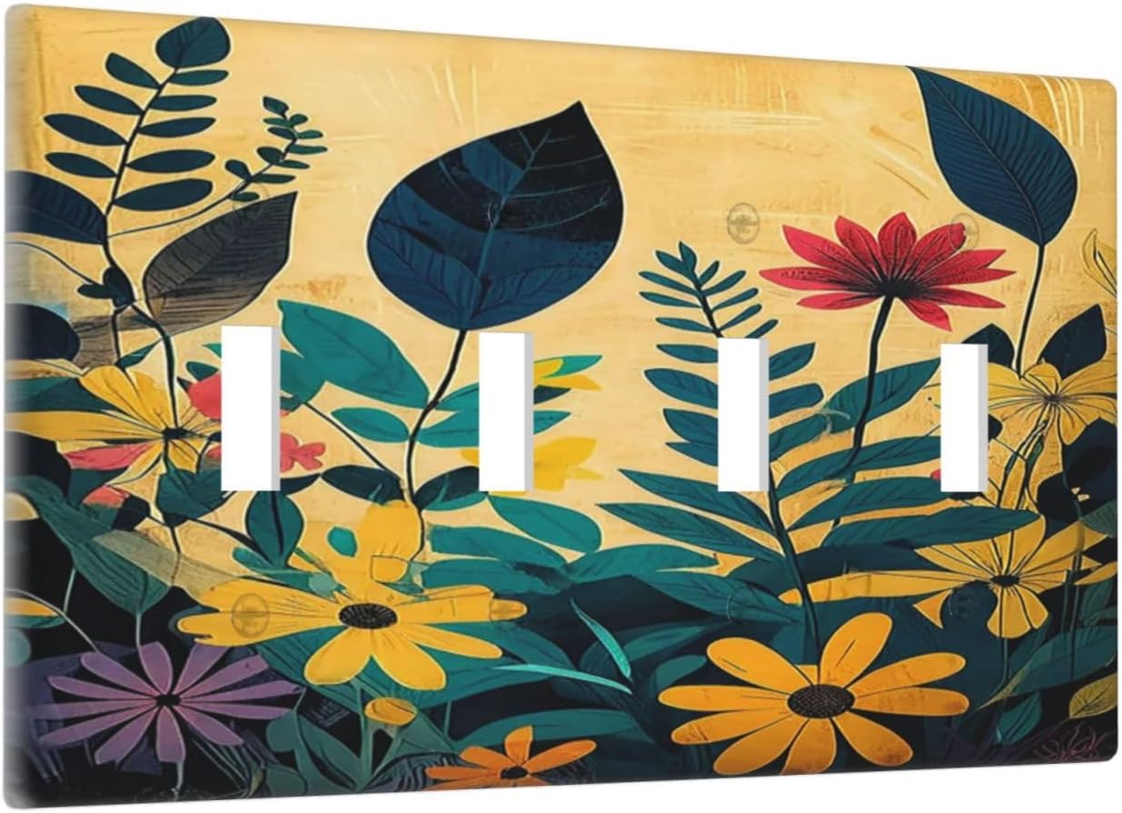 Light Switch Cover Plate Abstract Minimalist Floral Botanical Boho Flower Quad Toggle Wall Plates Decorative Switch Plates 4 Gang Outlet Covers Electrical Panel Cover Faceplate for Home 4.5 X 8 IN