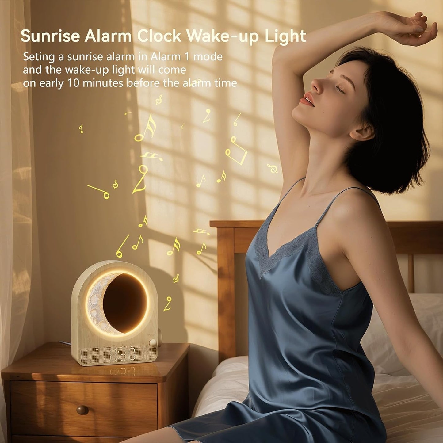 Sunrise Alarm Clocks for Bedrooms, Stepless Dimmable Moon Lamp Dual Alarm Clock Wake Up Light with 12Levels Volume for Heavy Sleepers, 10 Natural Sounds with Timer, Gifts for Women