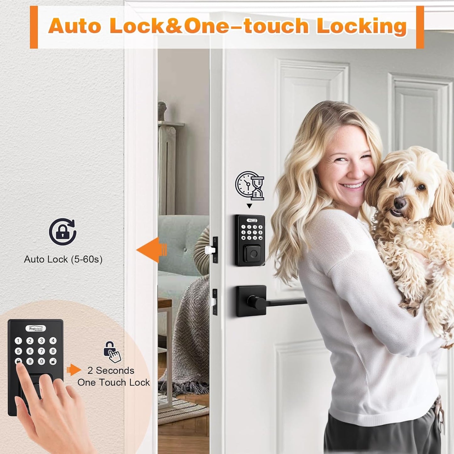 Probrico Smart Door Lock for Front Door Keypad Lock with Handle Lever, Fingerprint Deadbolt Door Lock with Code, Keyless Deadbolt Lock with Handle, Black Smart Deadbolt Lock, APP, Passcode, Auto Lock