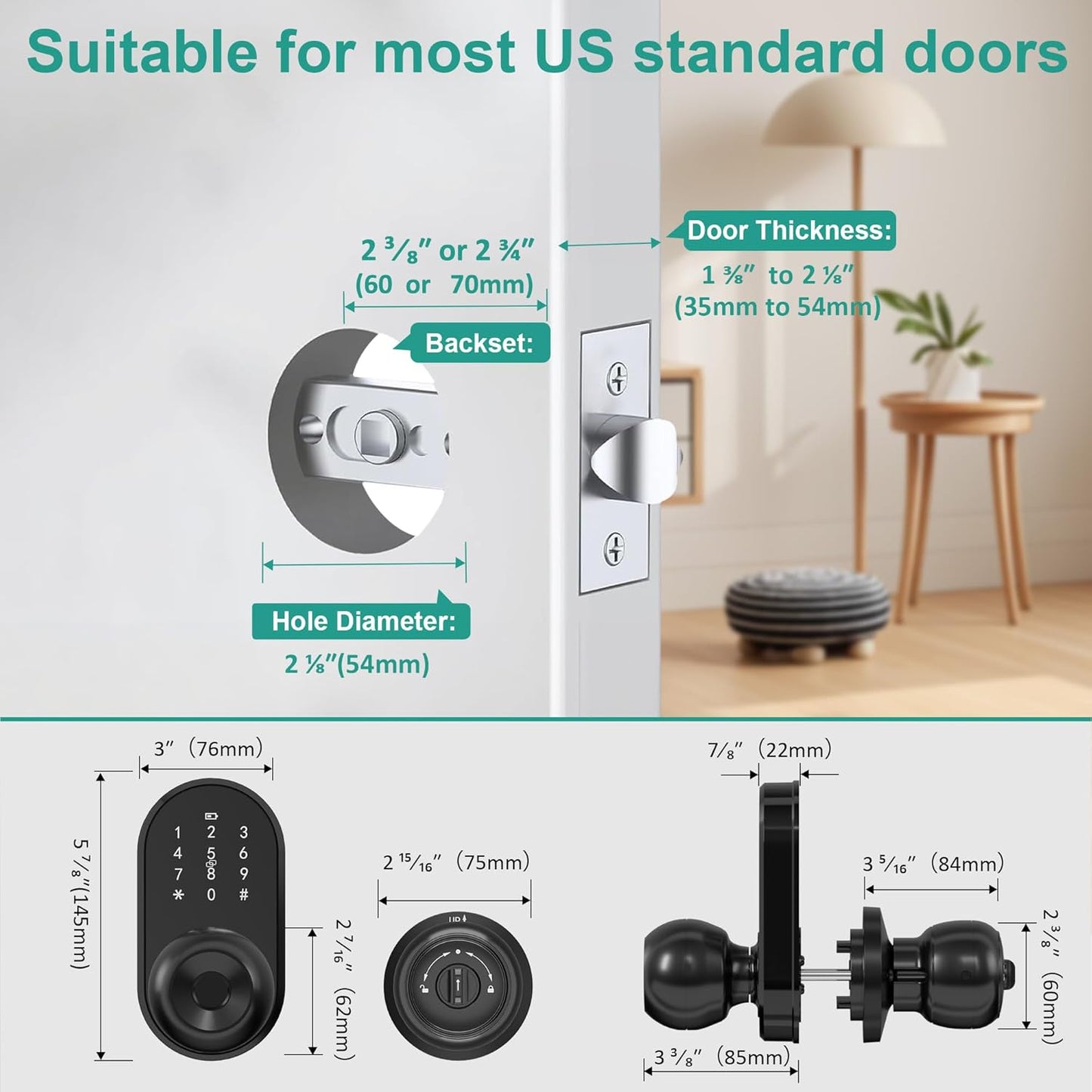 Smart Door Lock Keyless Entry Door Lock with Knob, Keypad Fingerprint Door Lock with Handle, Electronic Digital Code for Front Door, App Remote Control, Easy Installation