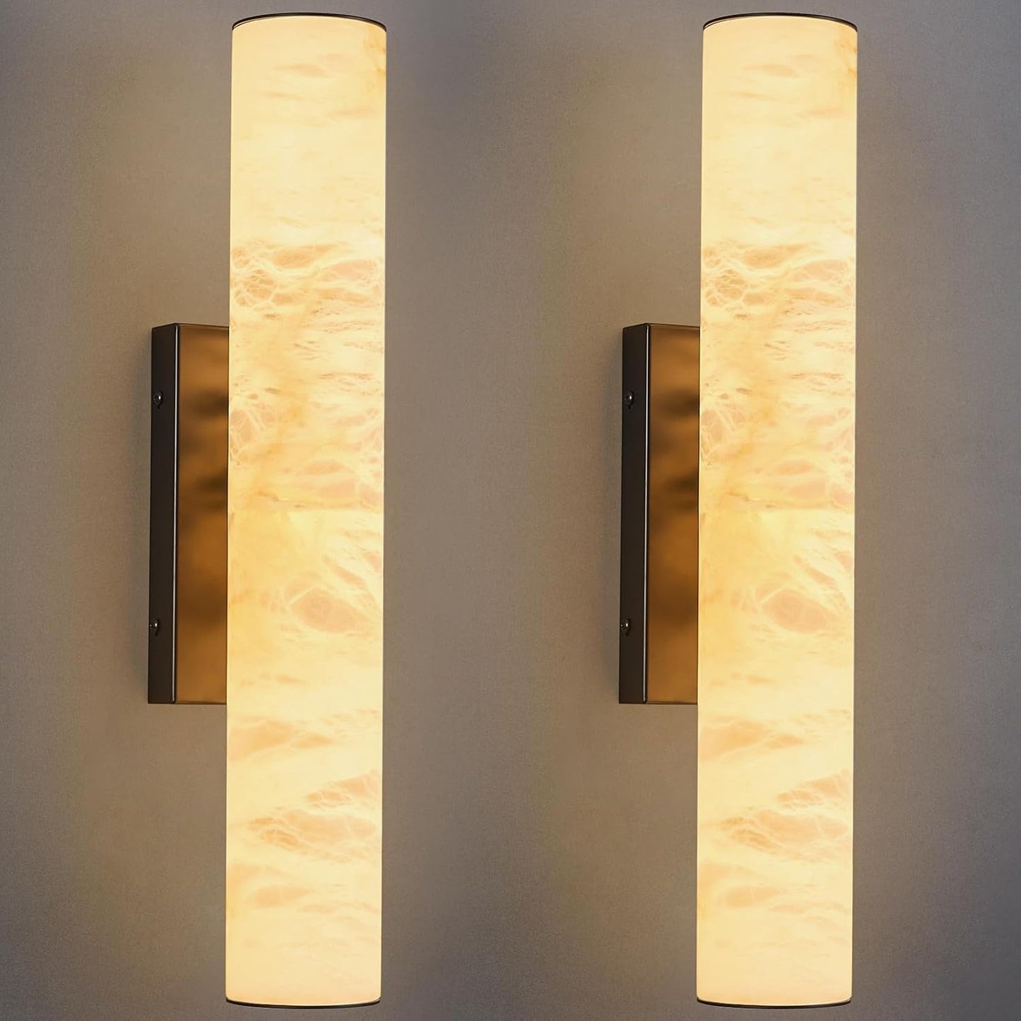 LMQNINE Natural Alabaster Wall Sconces Set of Two Spanish Marble Wall Light Cylinder Modern Black LED Sconce for Living Room Bedroom Bathroo Stairs（S-2Pack）
