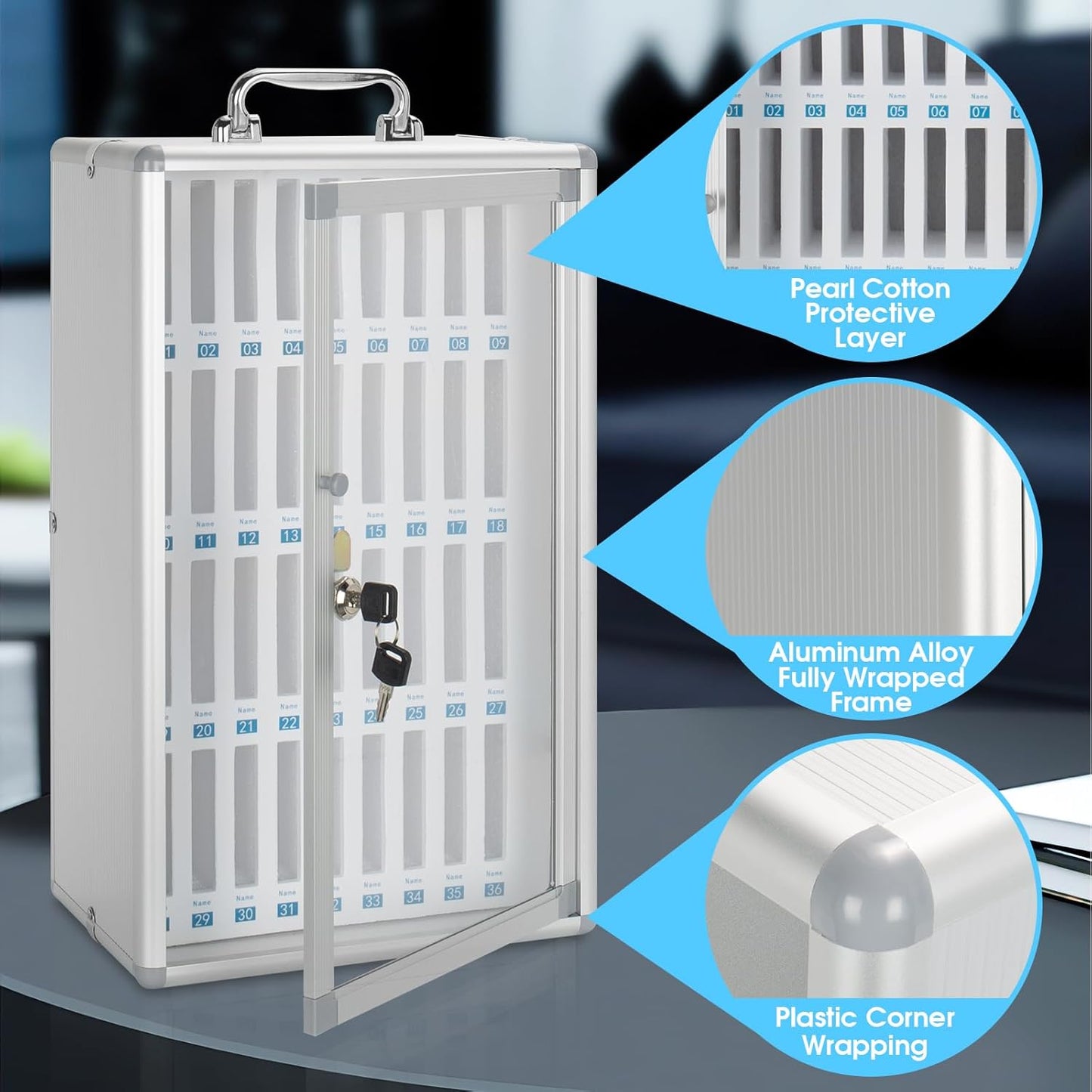 Glosen 24 Slots Cell Phone Locker, Portable Phone Storage Cabinet [Wall Mounted] [Aluminum Alloy] Cellphone Lock Box with Key & Handle for School Classroom Office Exam (Silver)