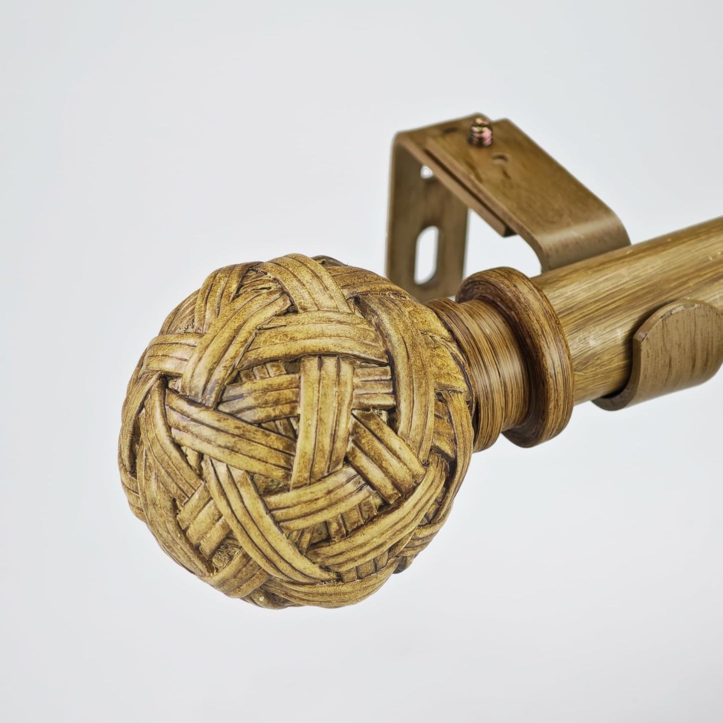 Faux Wood Style Curtain Rod Set with Faux Rattan Look Finial, 72-144 inch, Standard Single Drapery Rod for 1 Pack, 1 inch diameter, Adjustable Length