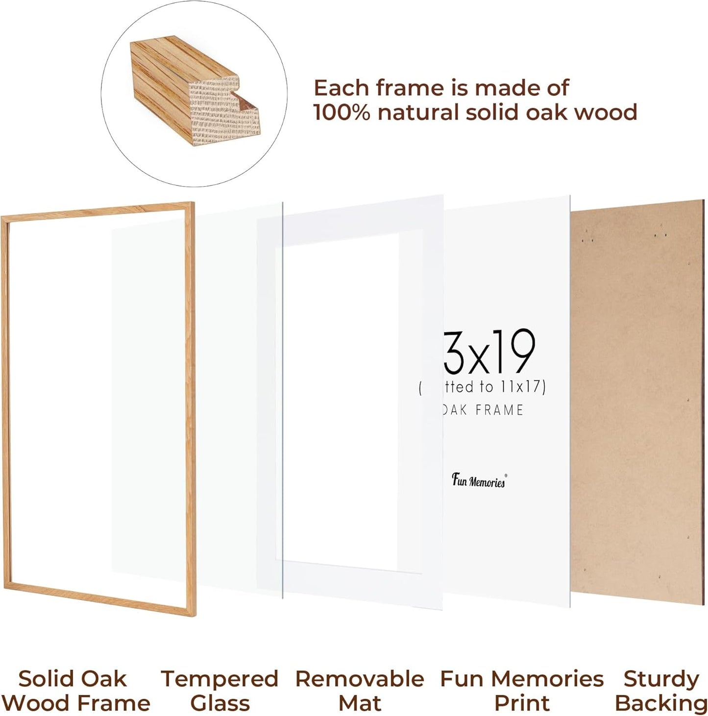13x19 Picture Frame, Solid Oak Wood Frame 13 x 19 Frame for Wall, 13"x19" Photo Frame with Tempered Real Glass, 13x19 Picture Frame Matted to 11x17, Rustic Wooden 13x19 Poster Frame