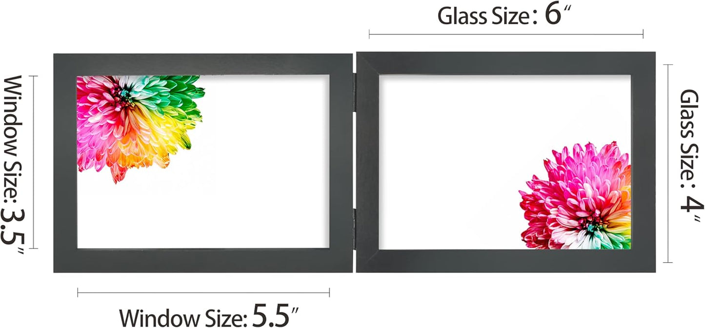 Double 4x6 Horizontal Combo, Black Wood Picture Frame, 3.5x5.5 Opening Foldable Landscape View Photo Frame on Table-top or Wall
