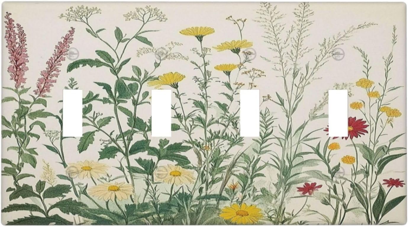 Rustic Wildflower Green Plants Daisy Floral Light Switch Covers Quad Toggle Electrical Faceplate 4 Gang Wall Plate Decorative Switch Plates For Farmhouse Bed Room Decor