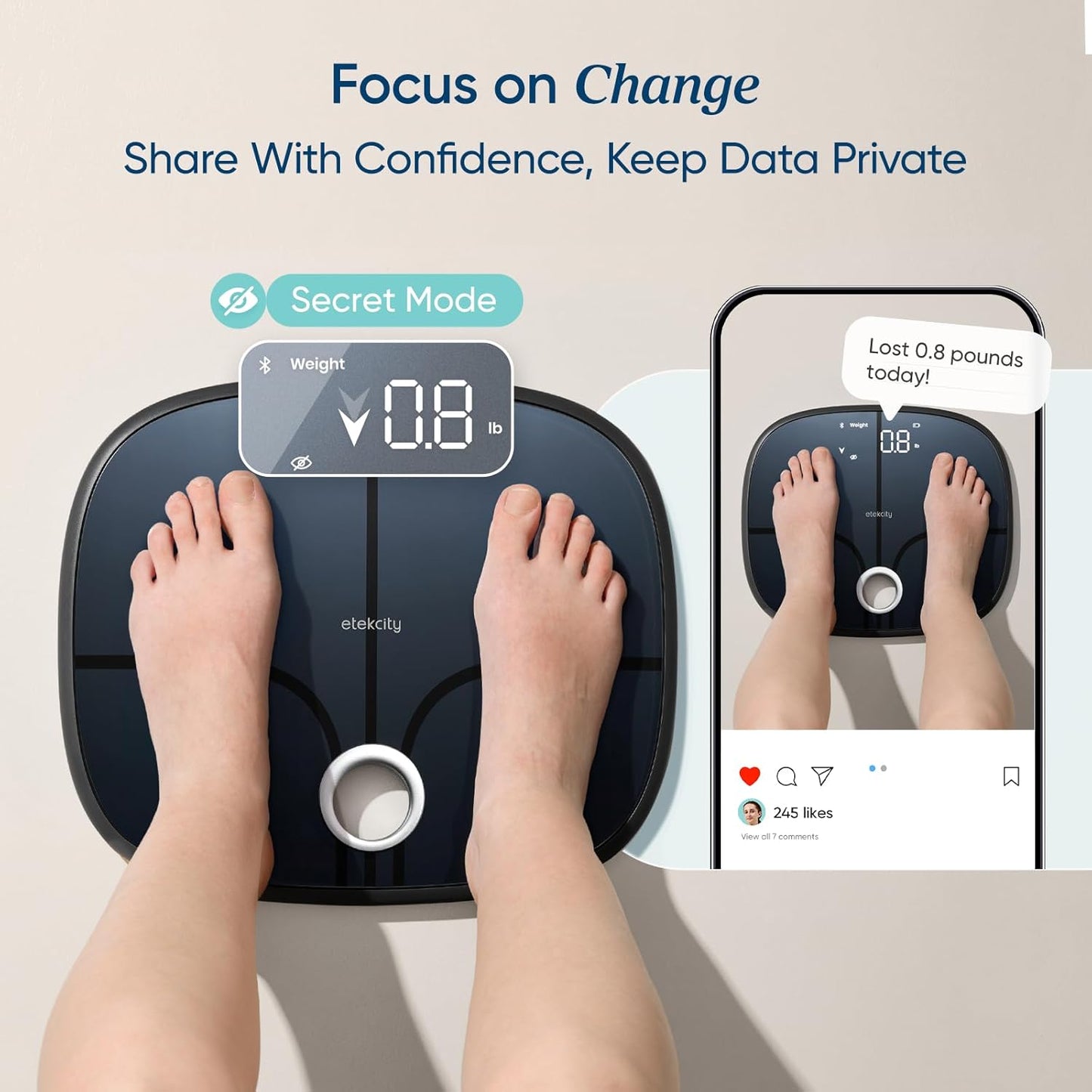 Etekcity Smart Rechargeable Scale for Body Weight, BMI, Fat, Muscle Mass, Digital Bathroom Scale with 13 Metrics, Secret Mode, Bluetooth Connect to Free Apps, Stealth Black