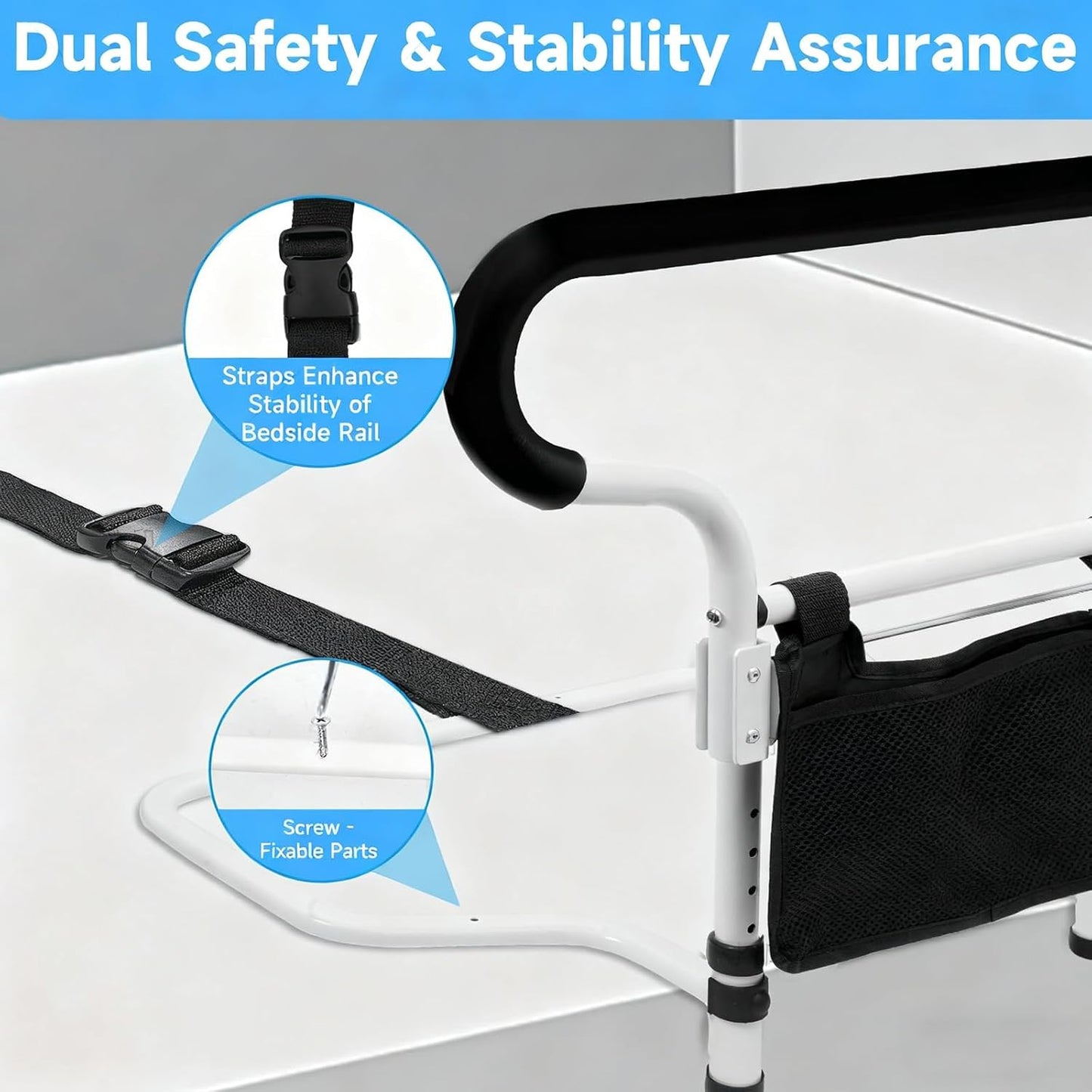 Bed Rails for Elderly Adults Safety-ASTM Approved Adjustable Bed Assist Rail for Seniors,with Storage Bag & Fixing Strap, Foldable Bed Assist Handle -Non-Slip Ergonomic Handle
