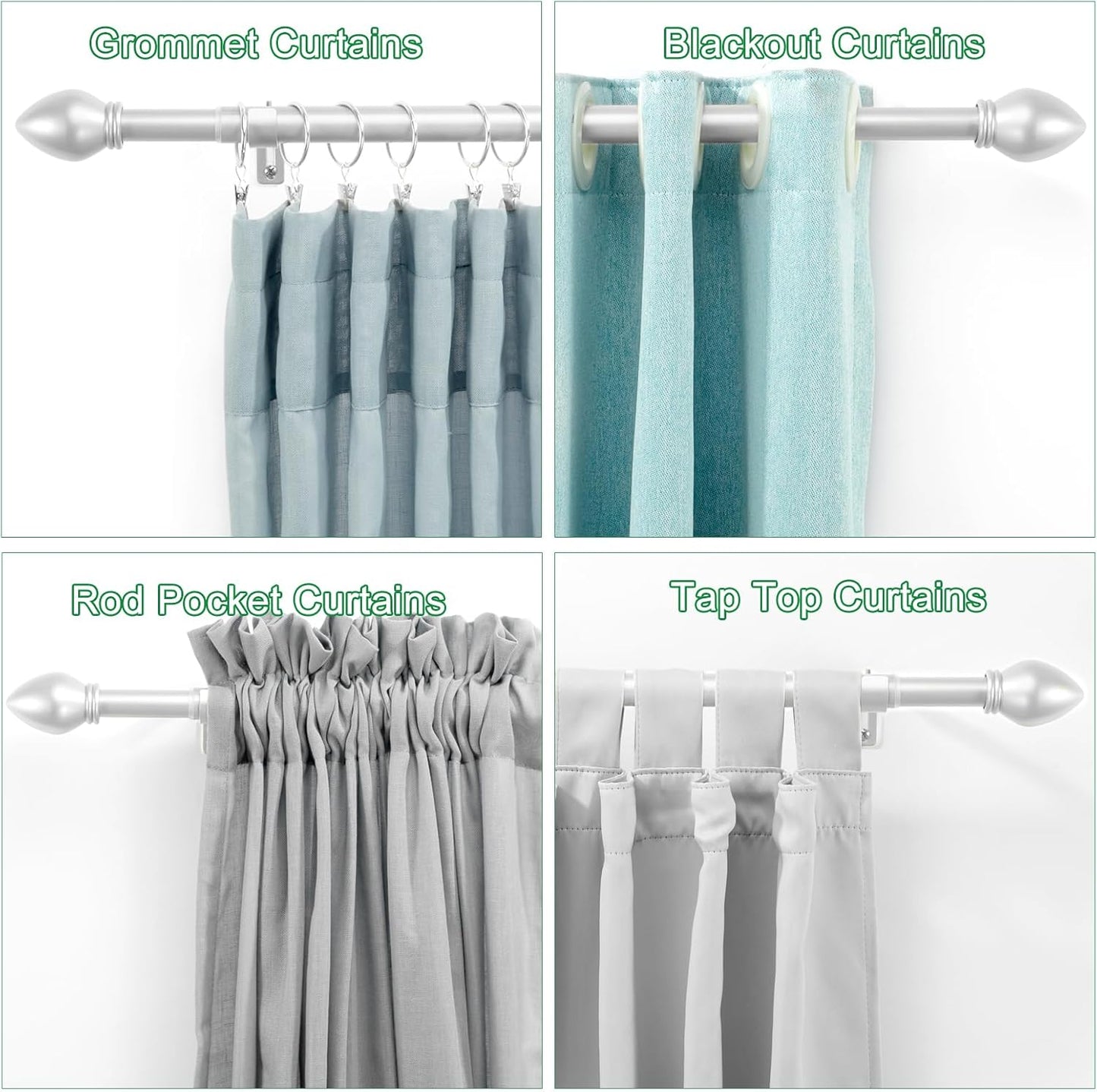 Curtain Rods for Windows 16 to 92 inches, Curtain Rod Max Adjustable Length to 104 in, Drapery Rod 1 inch Diameter with Modern Knobs Finials (Satin Silver, 16" to 92" - Set of 2)