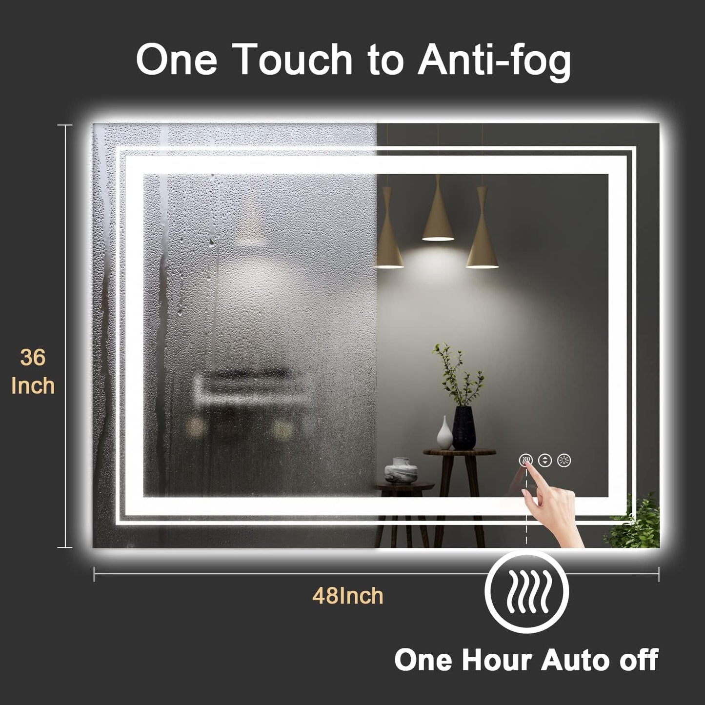 LED Bathroom Mirror, 48"X36" with Front and Backlit, Anti-Fog, Large Bathroom Vanity Mirror for Wall, Memory Function, Stepless Dimmable, Tempered Glass (Horizontal/Vertical)