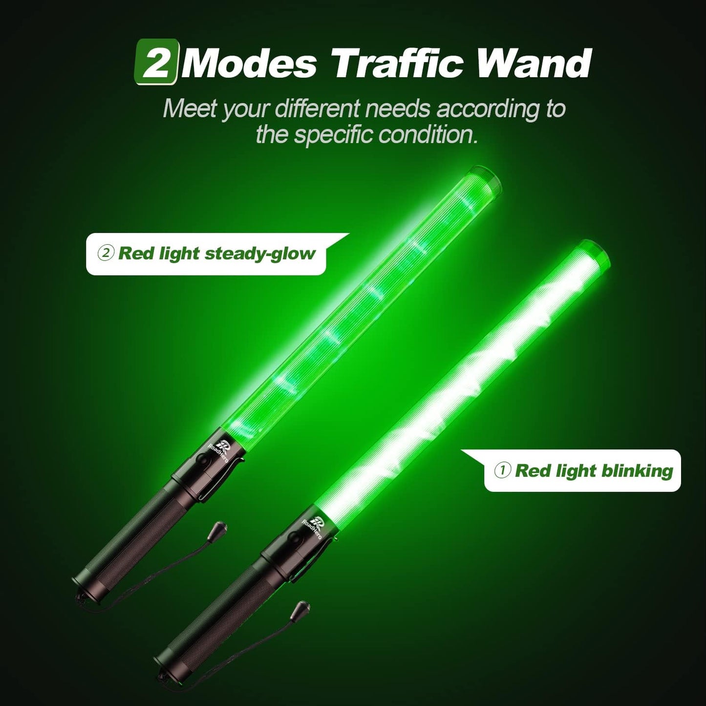 RoadHero 1 Pack 21 Inch Traffic Wands, Green Led Traffic Control Baton, Night Safety Light Wand with 2 Flashing Modes, Air Marshaling Signal Wand with Side Clip for Airport, Parking, Car Directing