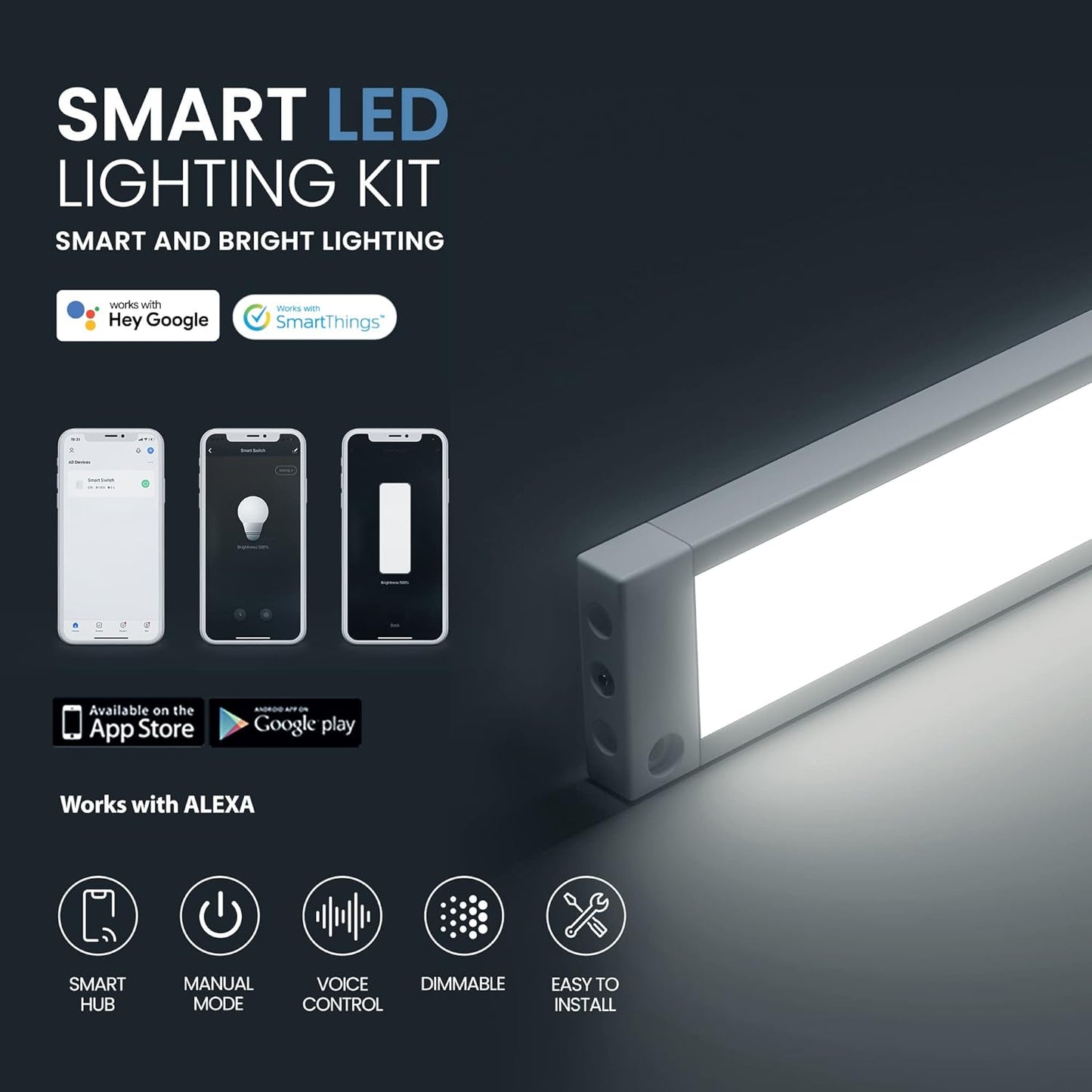 EShine 4 Pack 12 inch White Smart Dimmable LED Under Cabinet Lighting Kit Compatible with Alexa, Google - Cool White (6000K)