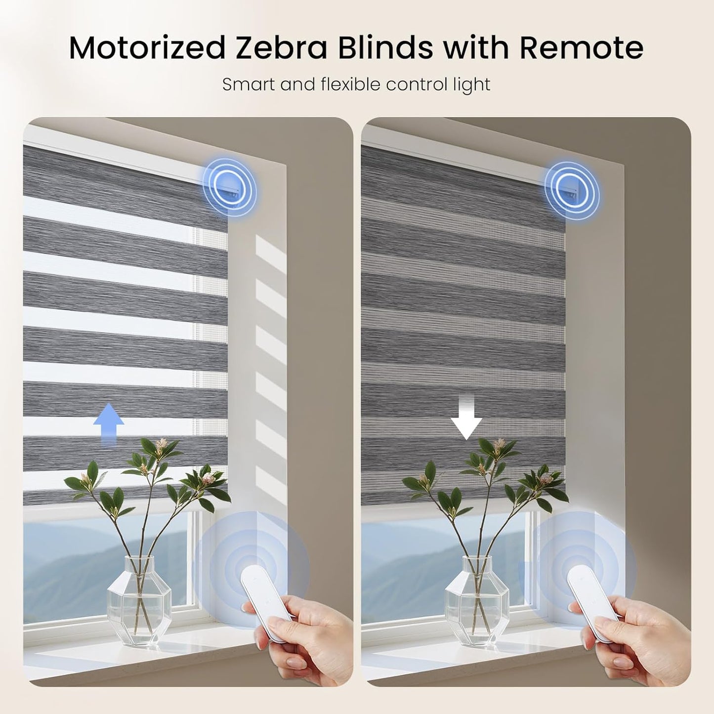 Grandekor Motorized Zebra Blinds with Remote Control,Smart Zebra Blinds for Windows,Electric Zebra Shades, Hemp Grey,34" W x 72" H