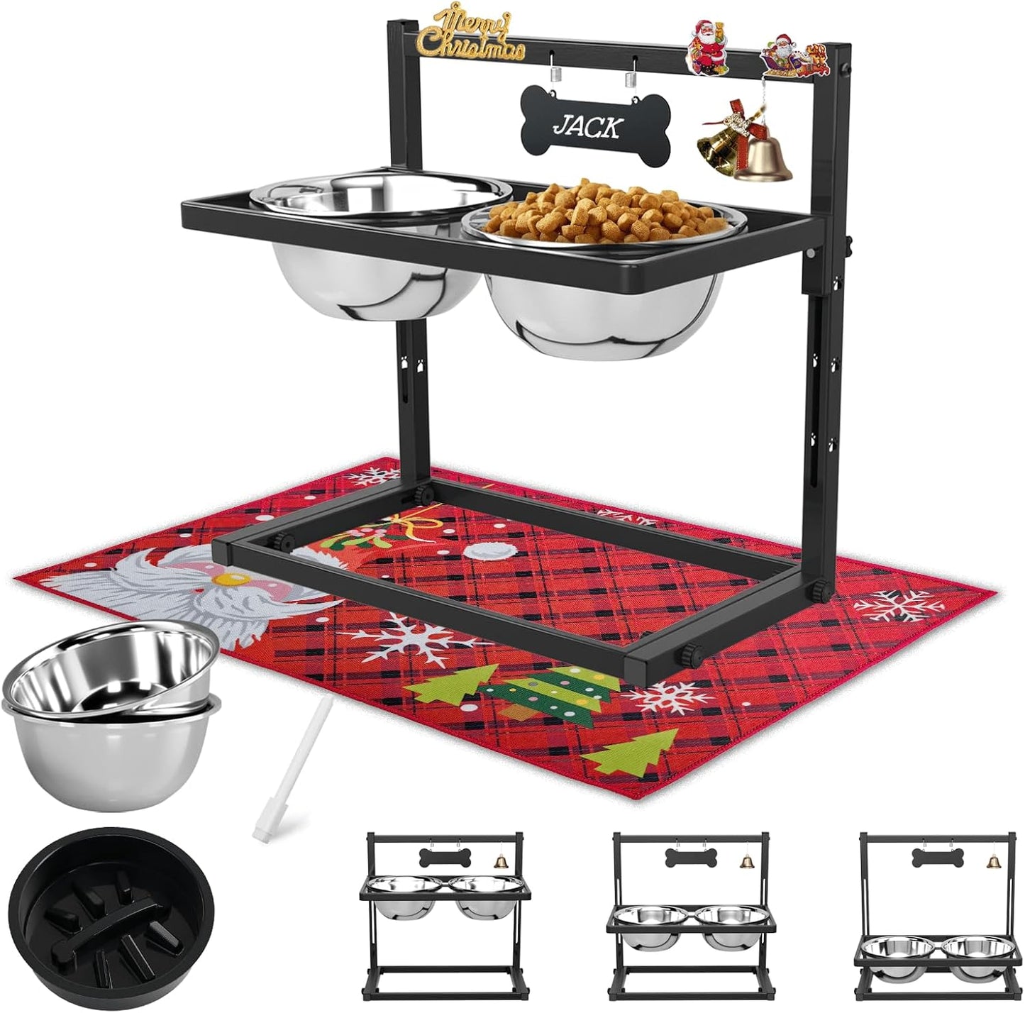 SHAINFUN Christmas Elevated Slow Feeder Dog Bowls with Mat for Large Dogs, Adjustable Height, Tall Raised Dog Food Water Bowl Stand Gift for Dogs