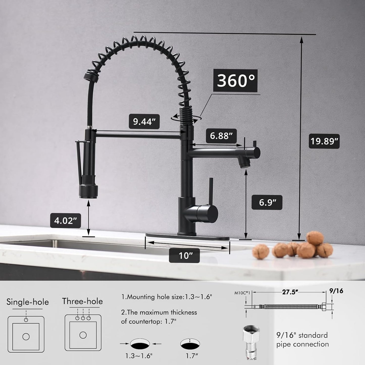 AIMADI Black Kitchen Faucet with Pull Down Sprayer, Commercial Single Handle High Pressure Kitchen Faucet Black with Deck Plate