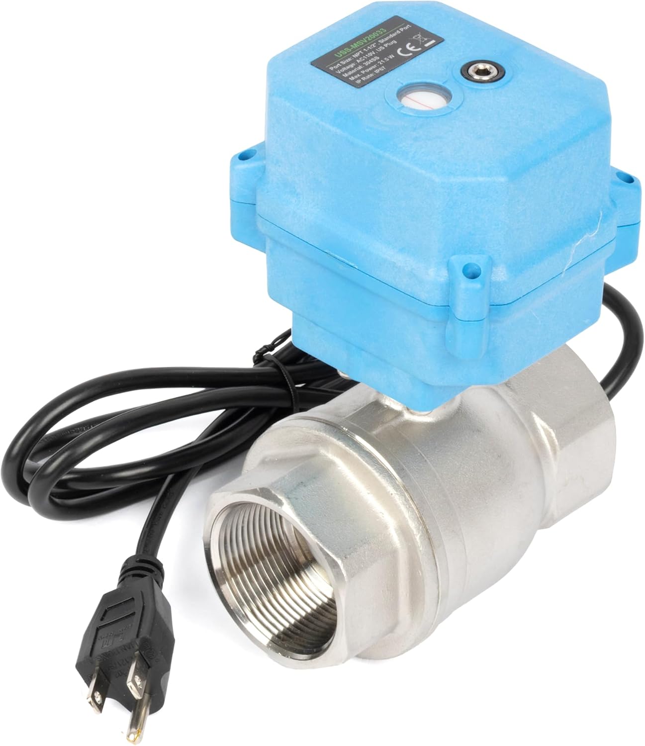 U.S. Solid 1-1/2" Motorized Ball Valve with US Plug 110VAC 304 Stainless Steel Electrical Ball Valve, Auto Return, Normally Closed, NSF Certified, IP67