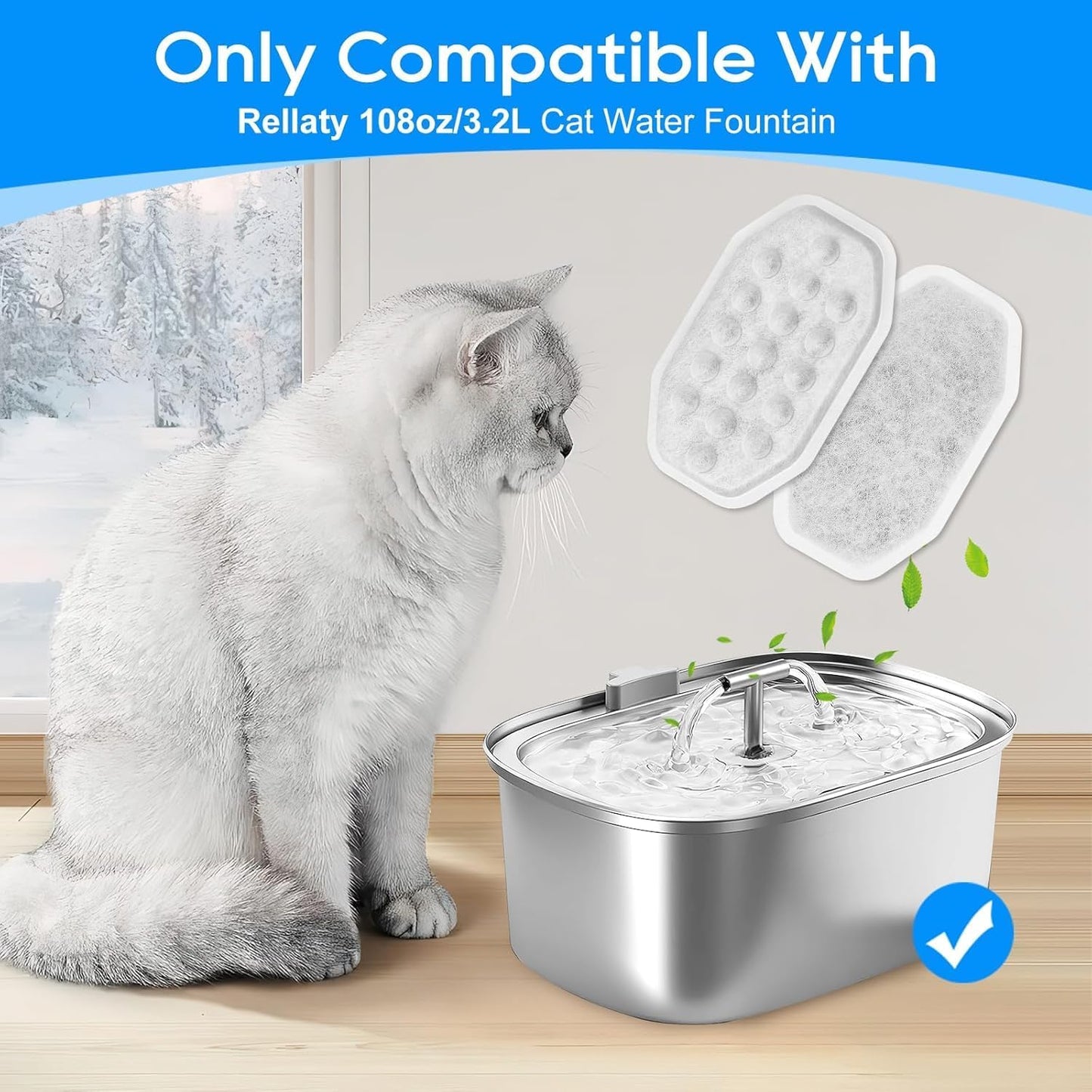 24 Pack Stainless Steel Cat Fountain Filters Compatible with Rellaty & Fit for Neareal Cat Fountain 108oz/3.2L, Replacement for Automatic Pet Fountain Dog Water Dispenser