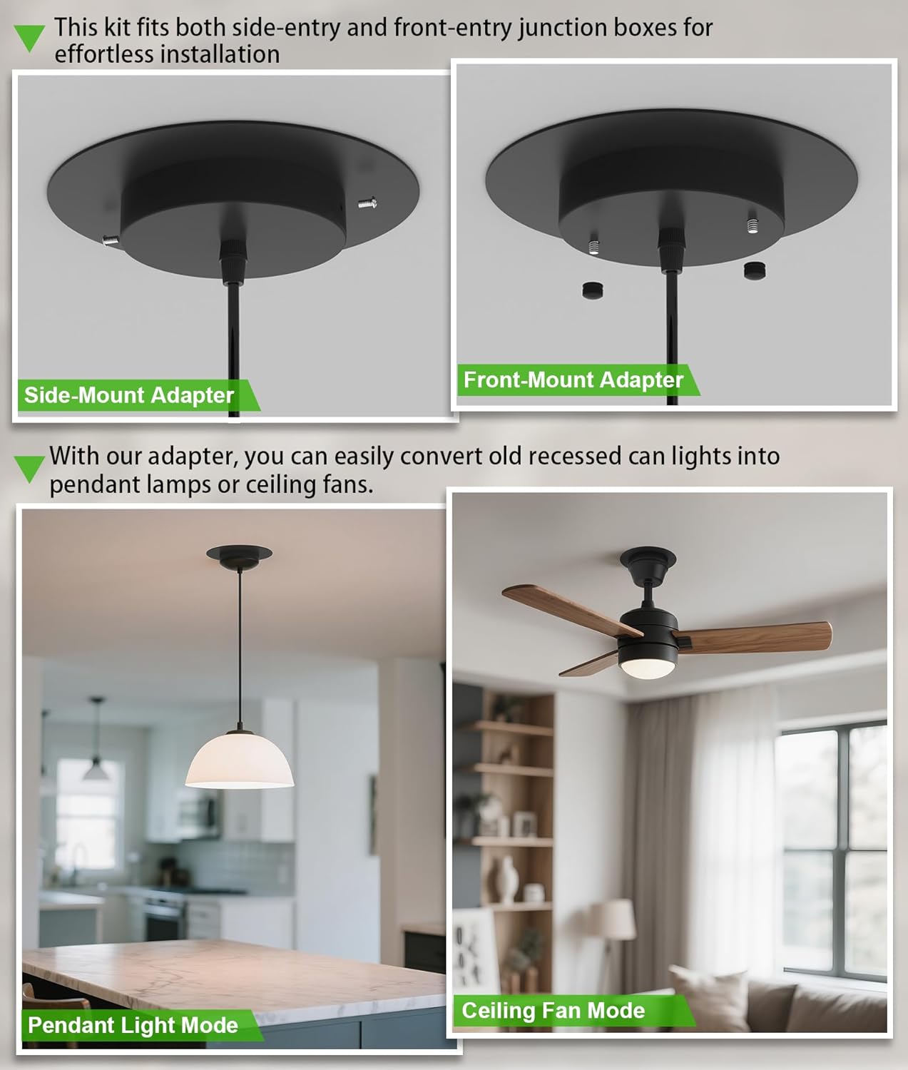Recessed Can Light Conversion Kit for 5" and 6" Ceiling Fixtures - Pendant/Hanging Light Upgrade, Compatible with Ceiling Fans, Includes 7¾" Flat Steel Medallion,Black Finish,2 Pack