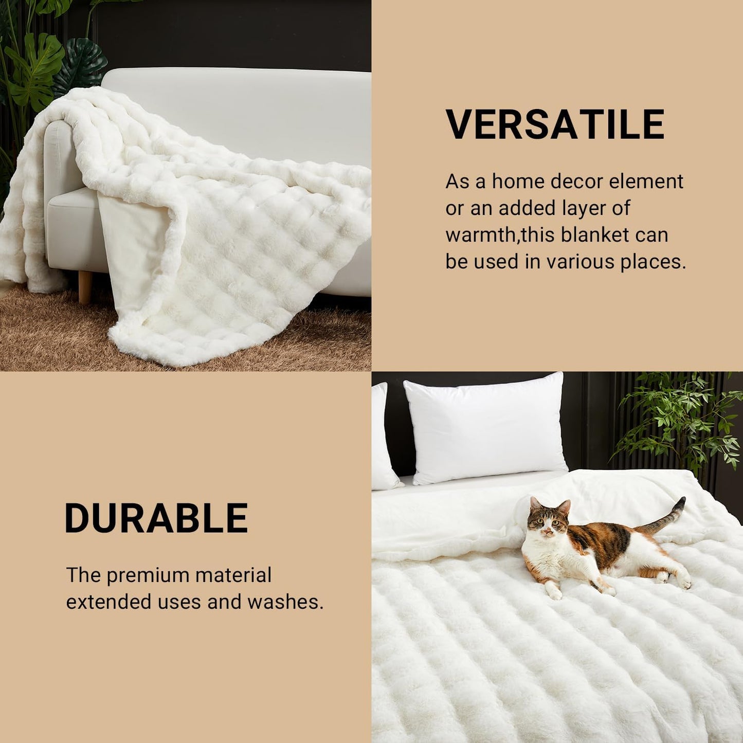 SAPHREAS Faux Fur Throw Blanket for Couch, Fluffy Fuzzy Bubble Blanket for Sofa Bed Living Room, Decor Soft Cozy Gifts for Women Men, 60x80” Cream White