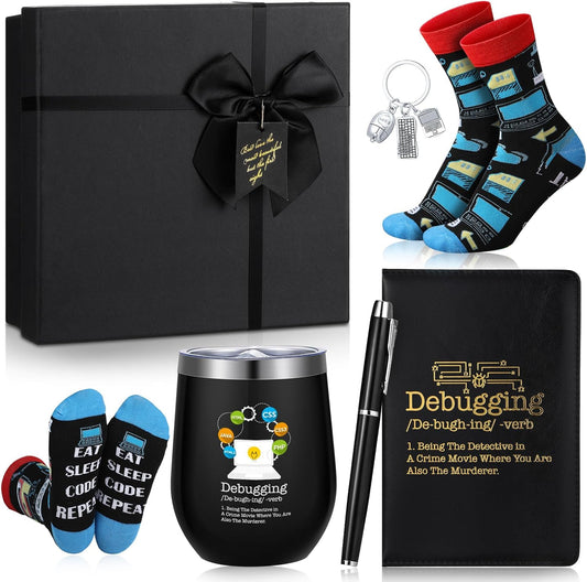 6 Pcs Computer Programmer Gifts for Men Debugging Definition Programmer Gifts 12oz Stainless Steel Cup Socks Keychain Pen Notebook Box for IT Developers Computer Geeks Nerd Hackers Coders