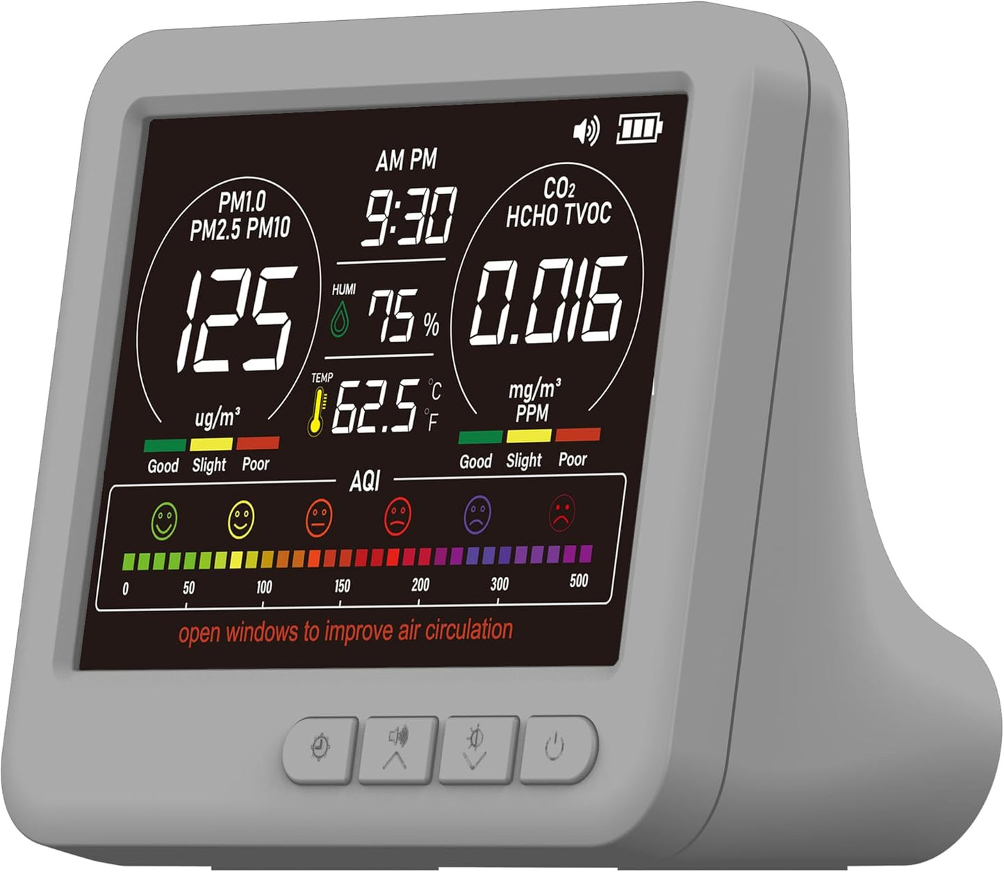 Professional Indoor Air Quality Monitor with 7X AQI,16 in 1 Portable Real-Time Detector for PM2.5 | PM10 | CO2 | TVOC | HCHO | Temp | Hum for Home Cars Plants Pets (Gray)
