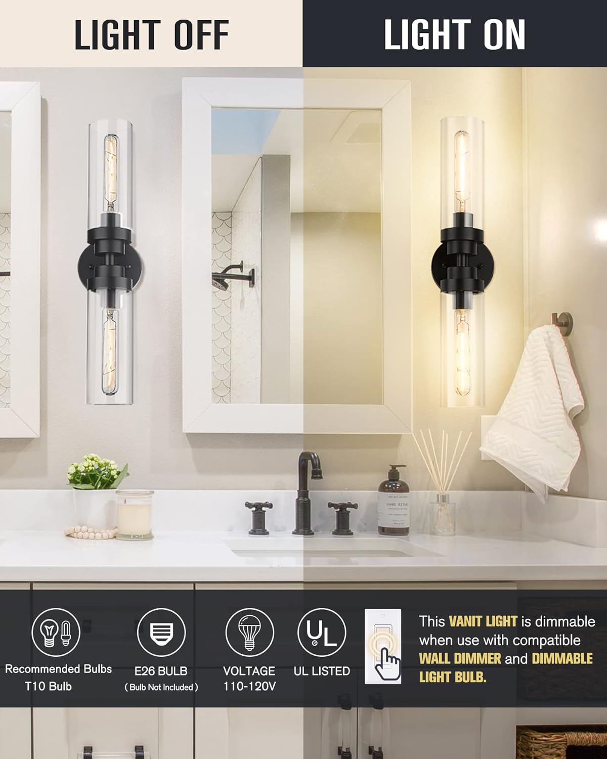 Emak 2 Light Black Vanity Lights for Bathroom,22 Inch Bathroom Light Fixtures Modern Wall Sconces with Clear Glass Shade for Bath, Bedroom, Hallway, VL085-BK-2