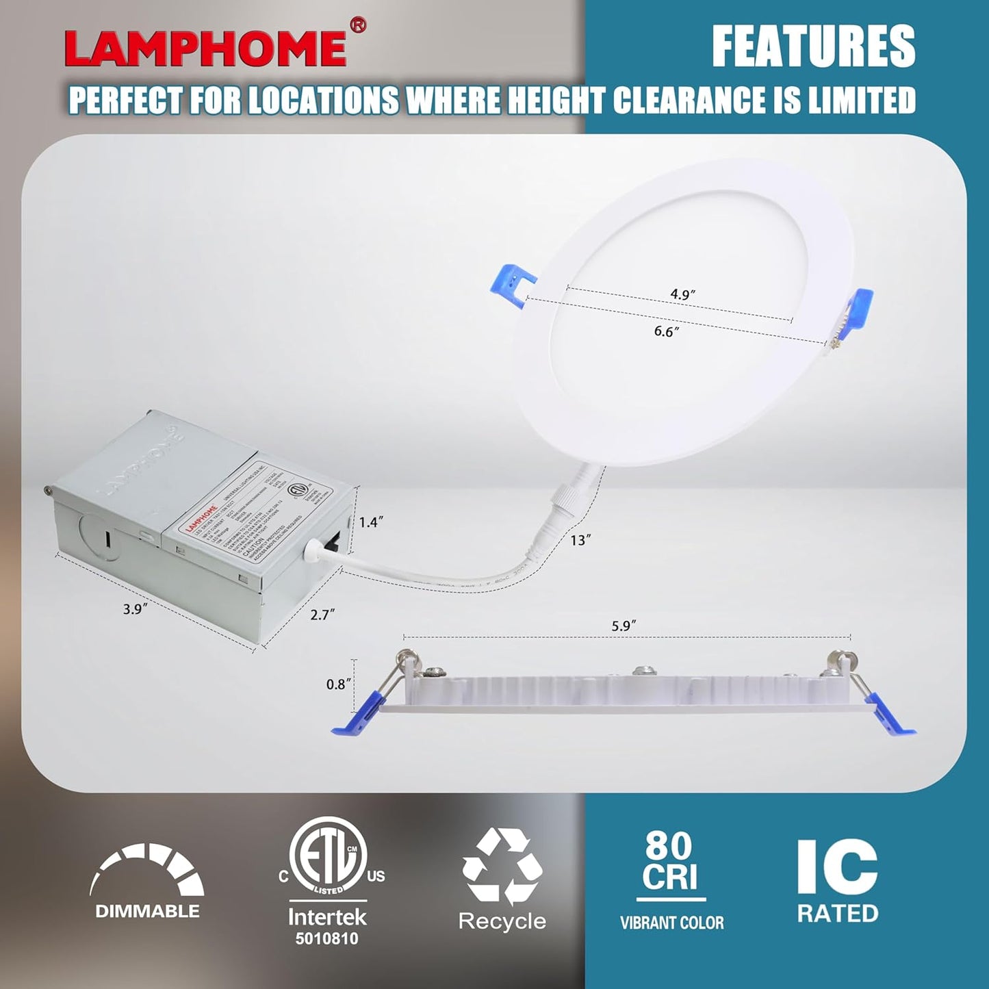 LAMPHOME 6-Pack of 6-Inch Slim LED Recessed Lights with Junction Box, Adjustable Color Temperatures (2700K-5000K), 12W Equivalent to 110W, Dimmable, 1050LM Brightness - ETL and Energy Star Certified